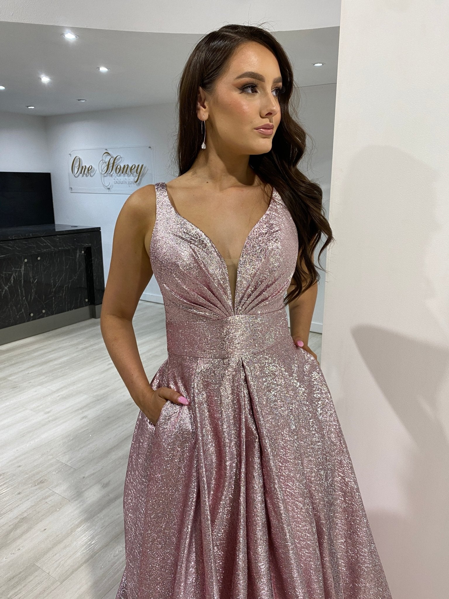 Honey Couture LORI Metallic Blush Pink Ball Gown Formal Dress in Australia | One Honey Boutique