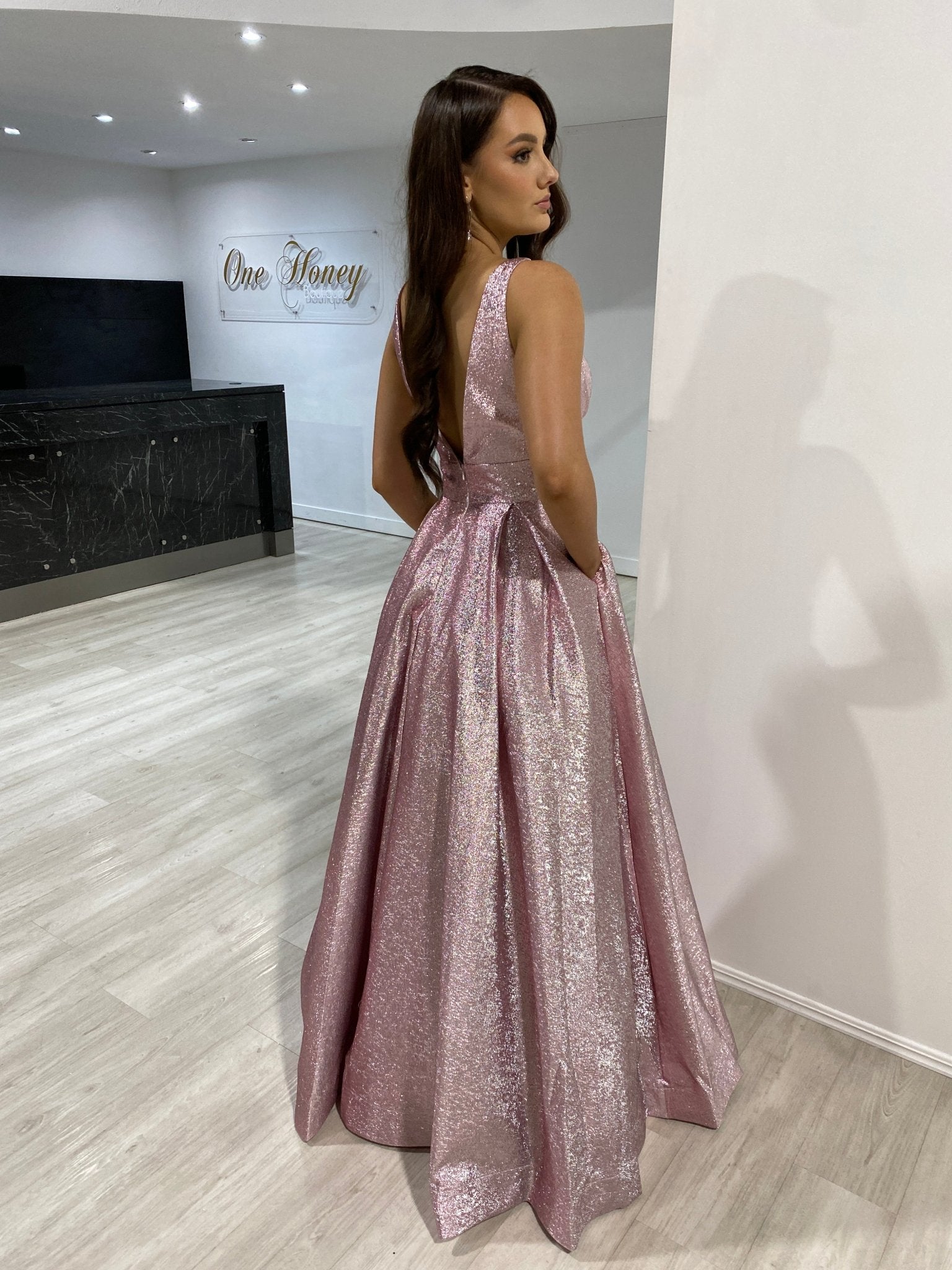 Honey Couture LORI Metallic Blush Pink Ball Gown Formal Dress in Australia | One Honey Boutique