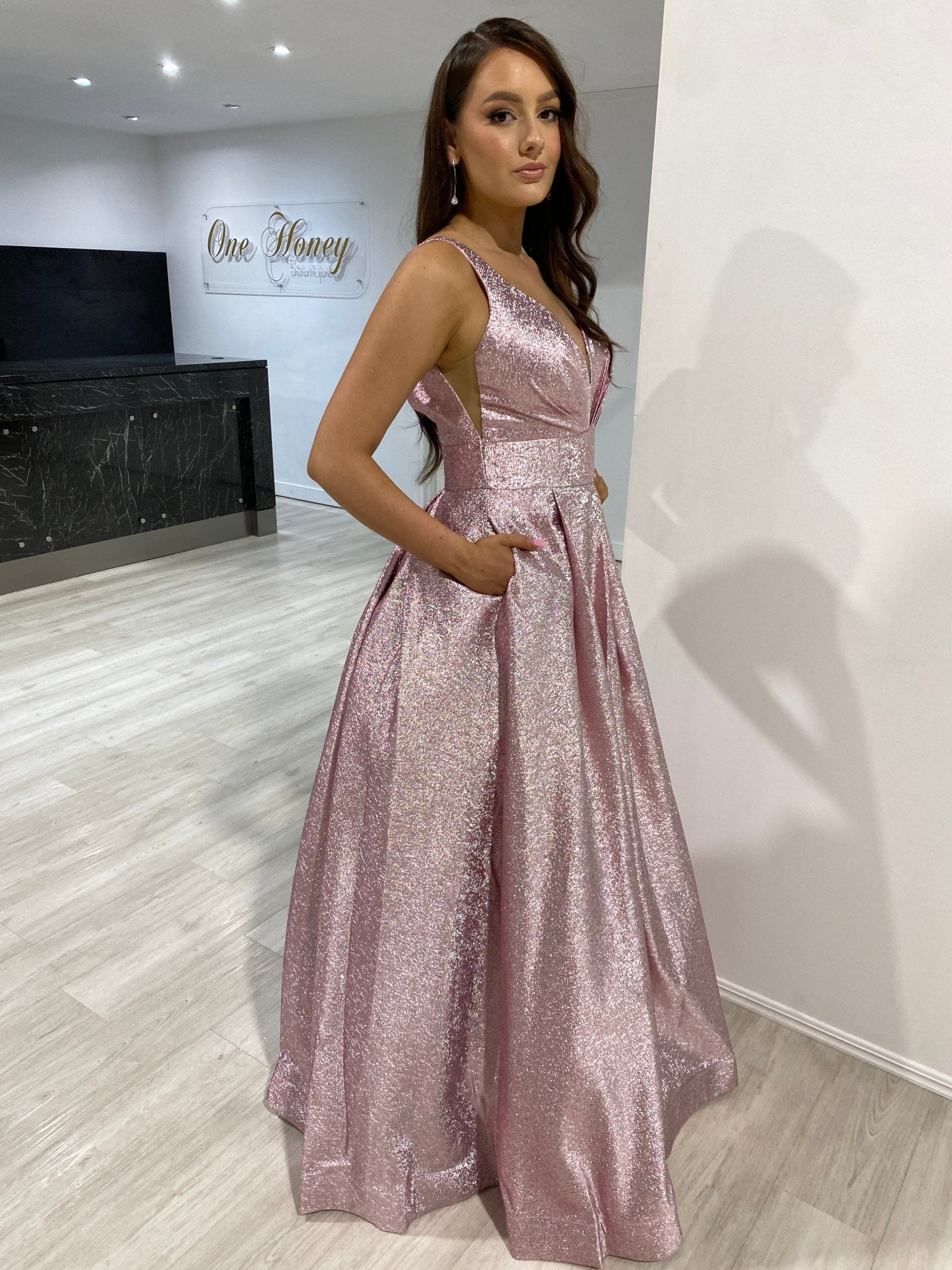 Honey Couture LORI Metallic Blush Pink Ball Gown Formal Dress in Australia | One Honey Boutique
