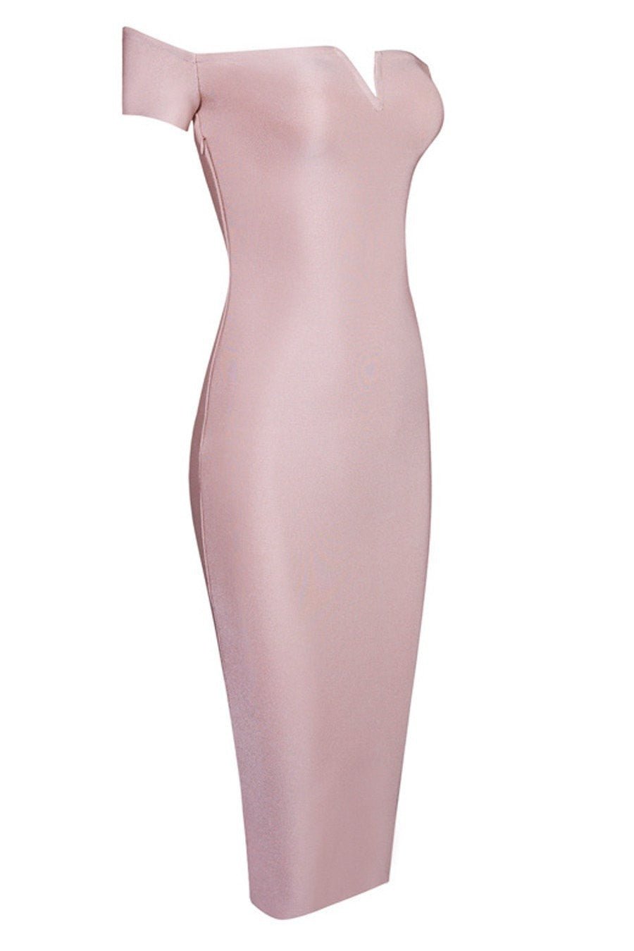 Honey Couture OLIVIA Baby Pink Off Shoulder Bandage Midi Dress in Australia | One Honey Boutique