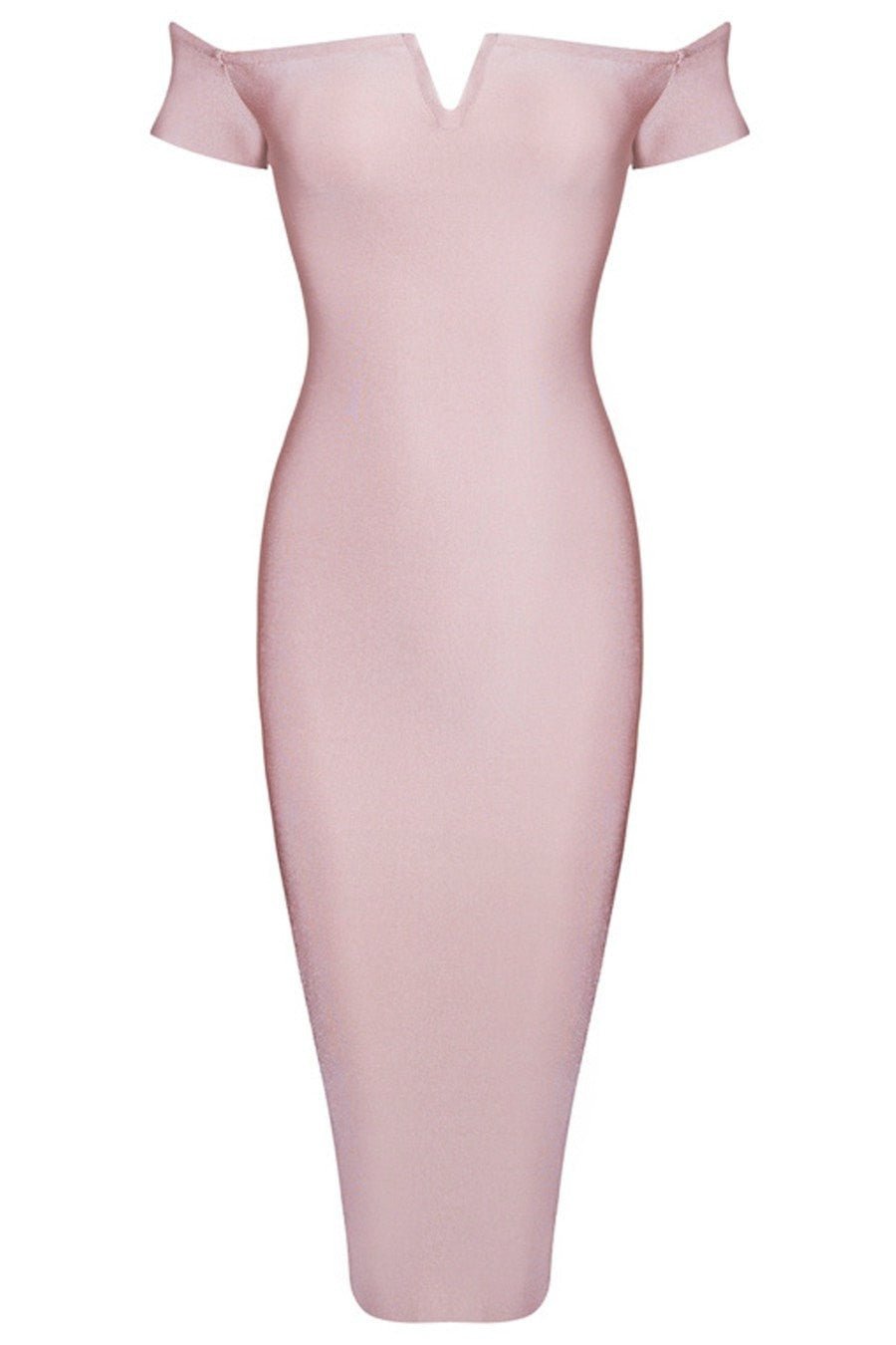 Honey Couture OLIVIA Baby Pink Off Shoulder Bandage Midi Dress in Australia | One Honey Boutique