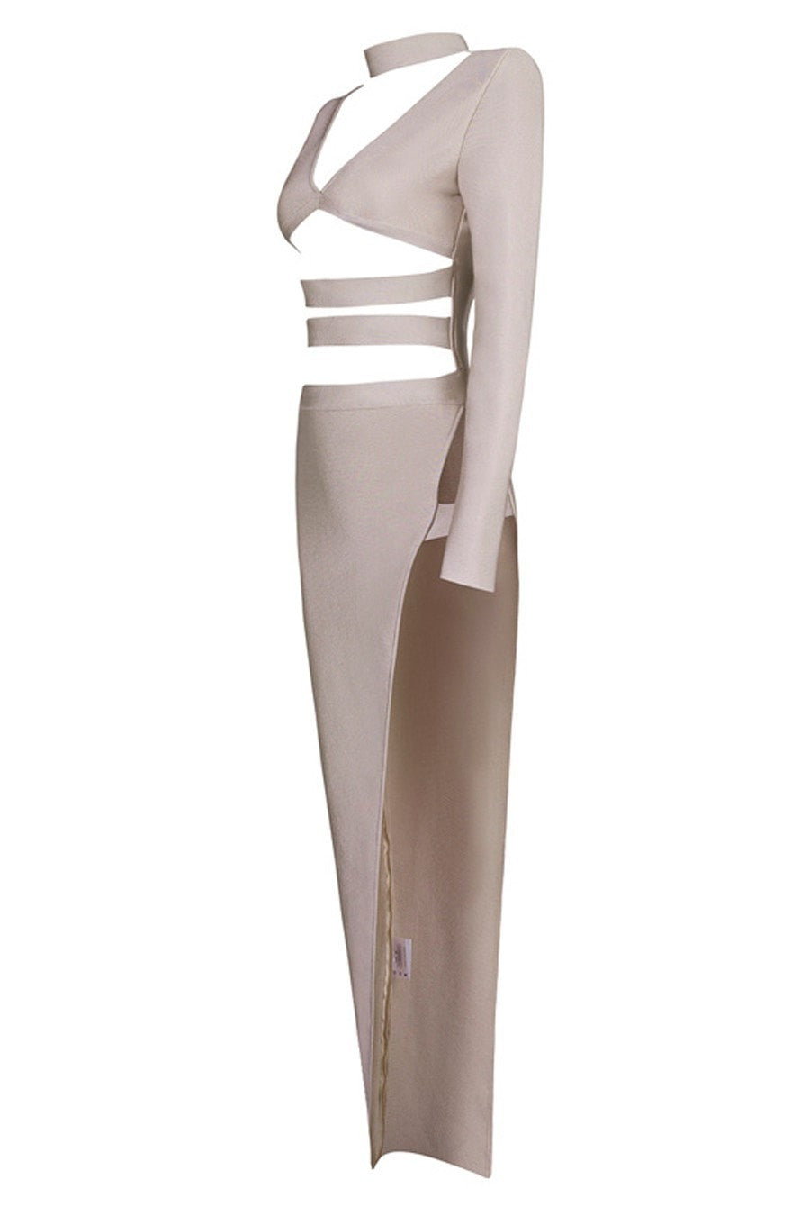 Honey Couture ROYA Taupe Silver Cut Out Bandage Maxi Dress Honey Couture$ AfterPay Humm ZipPay LayBuy Sezzle