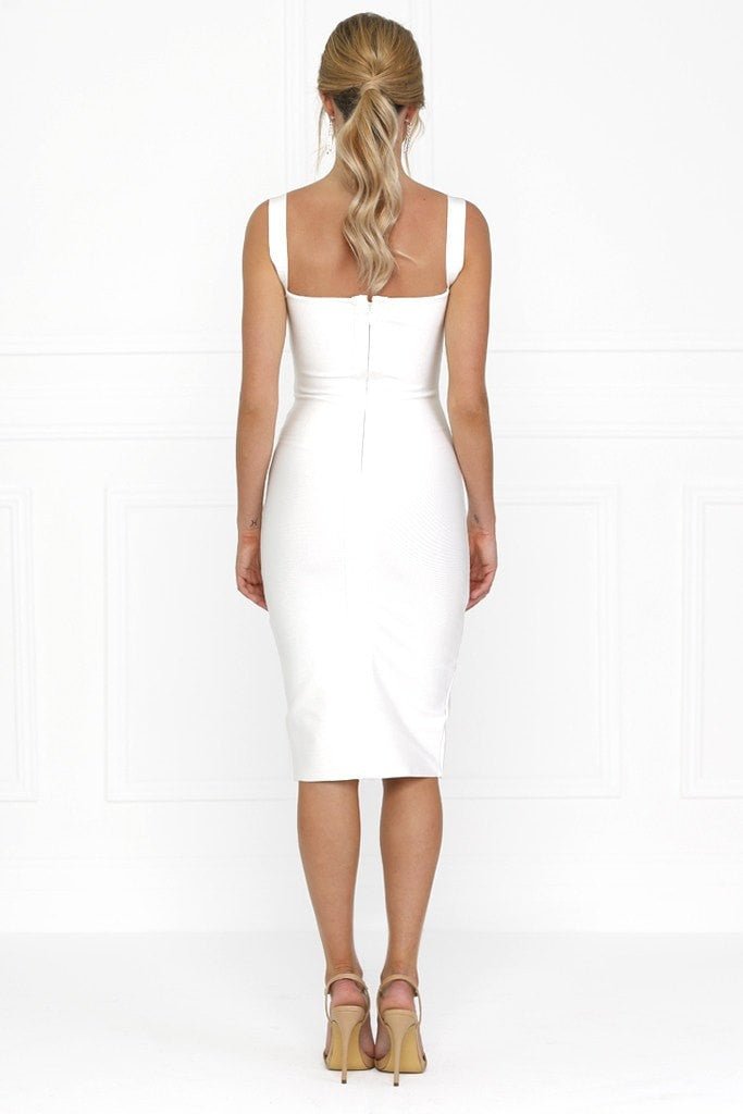 Honey Couture SONIA White Thick Strap w V Midi Bandage Dress in Australia | One Honey Boutique