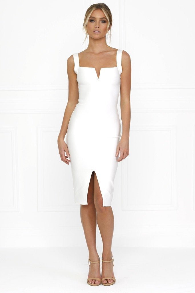 Honey Couture SONIA White Thick Strap w V Midi Bandage Dress in Australia | One Honey Boutique