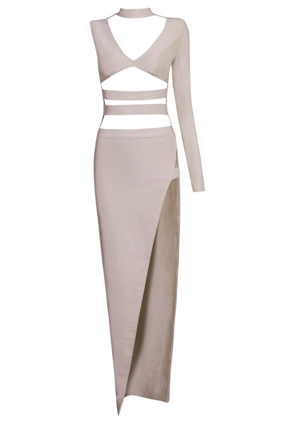 Honey Couture ROYA Taupe Silver Cut Out Bandage Maxi Dress in Australia | One Honey Boutique