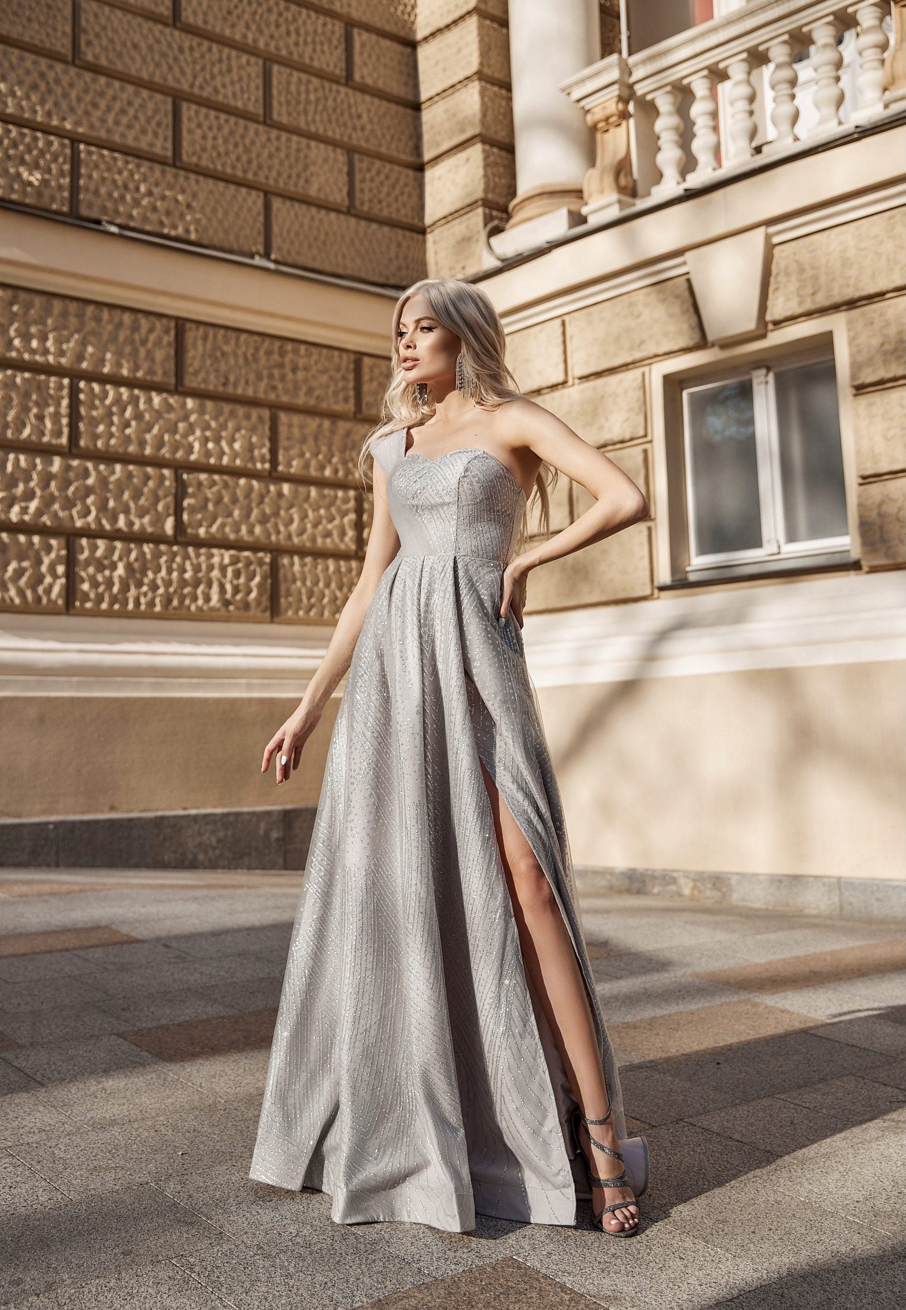 TINA HOLLY COUTURE TQ036 silver glitter one shoulder formal gown with slit, perfect for school formals or bridesmaid dresses, Brisbane to Gold Coast