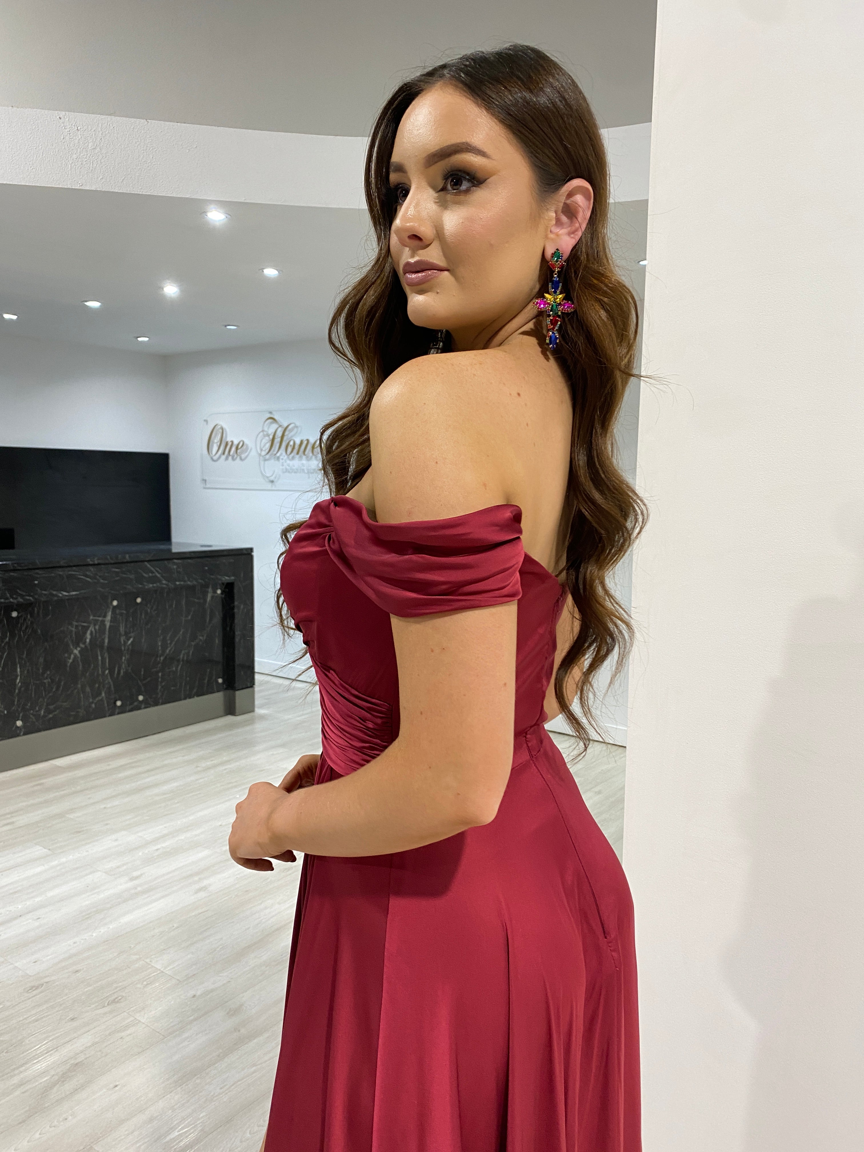 AURA Off the Shoulder Silky A-Line Bridesmaid Formal Dress with a romantic off-the-shoulder silhouette, Brisbane to Gold Coast, Australia.