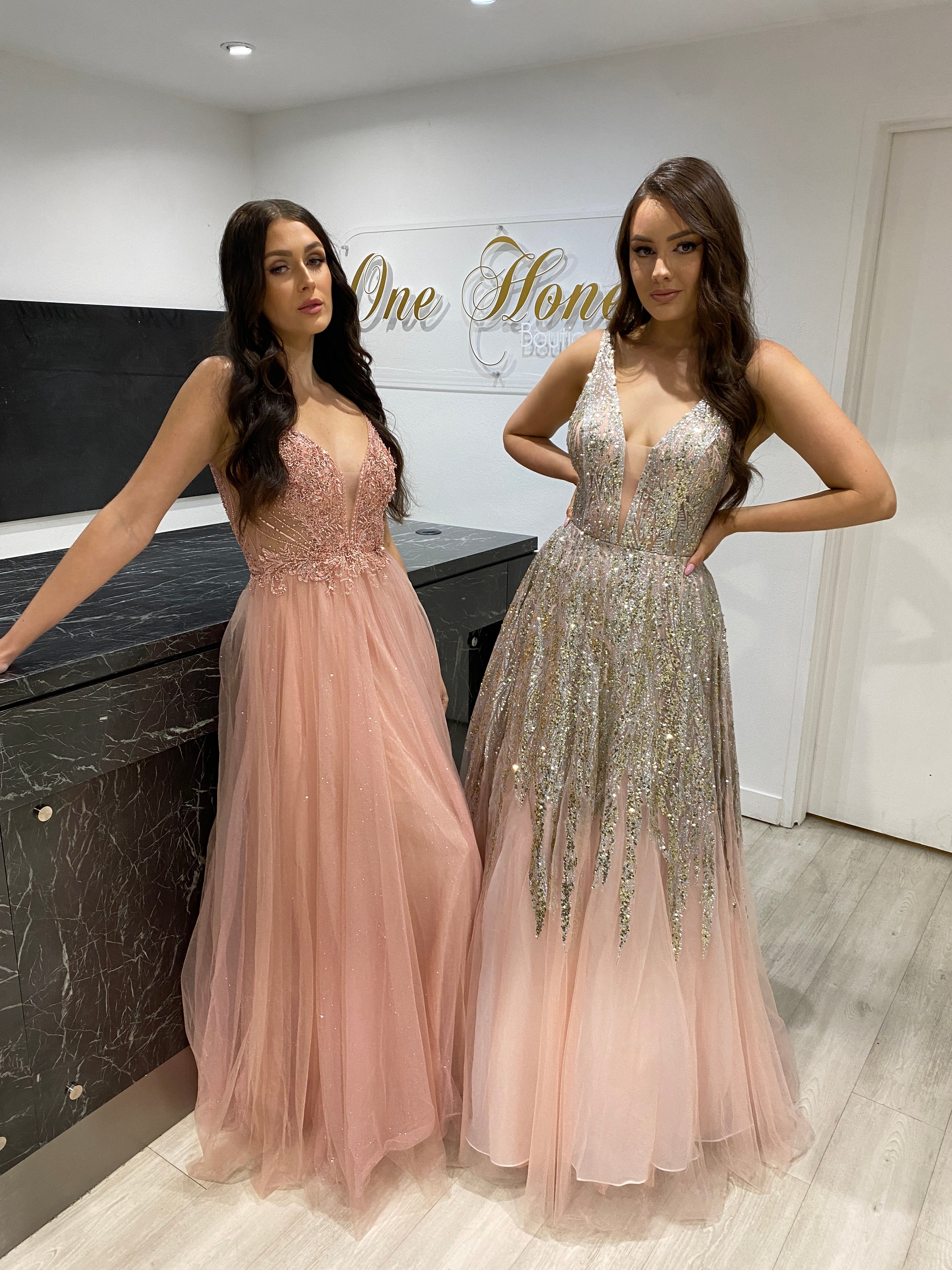 AMORET dress with beaded applique bodice, tulle skirt, and plunging neckline; perfect prom gown from Brisbane to Gold Coast.