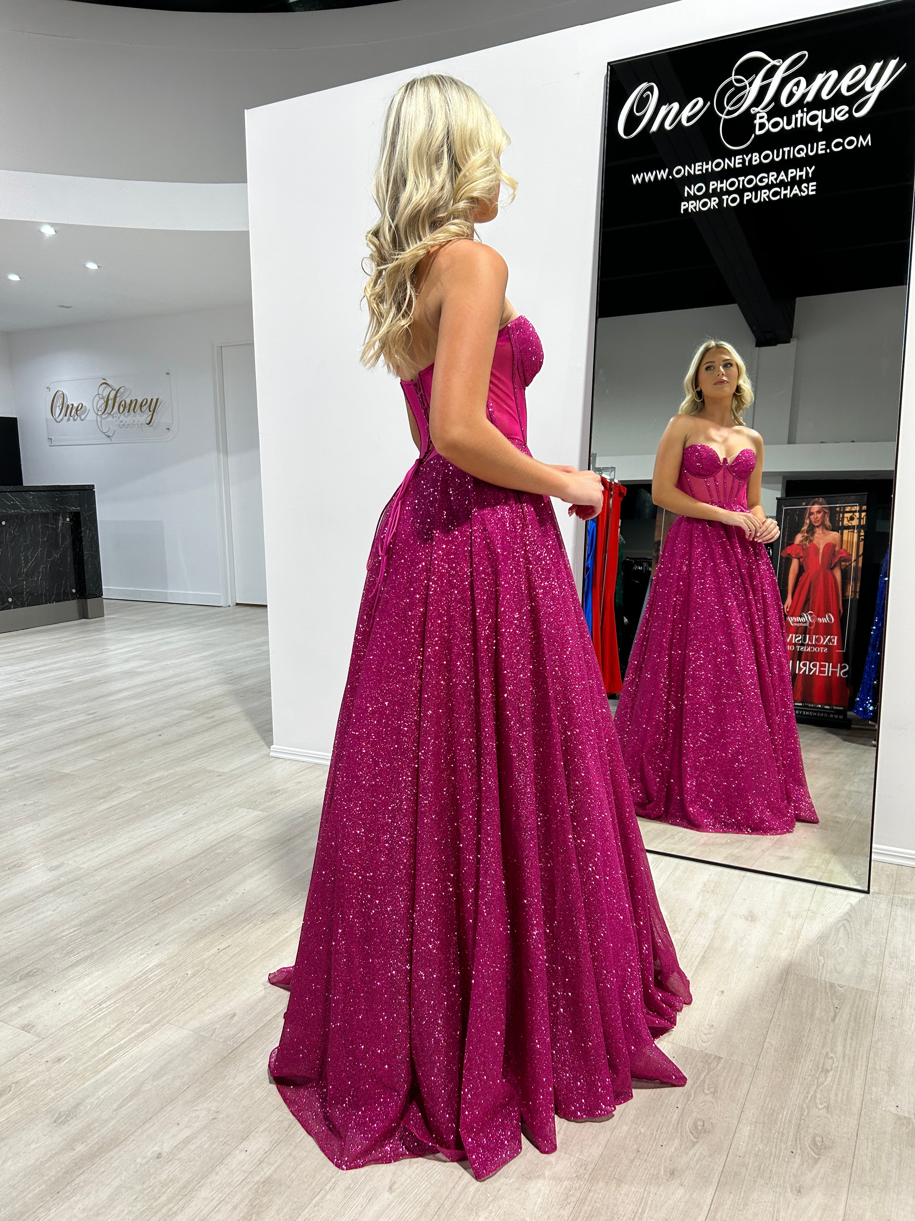 ALOMA Glitter Corset Strapless Formal Dress with glitter corset and flowing ball gown style. Perfect for events from Brisbane to Gold Coast.