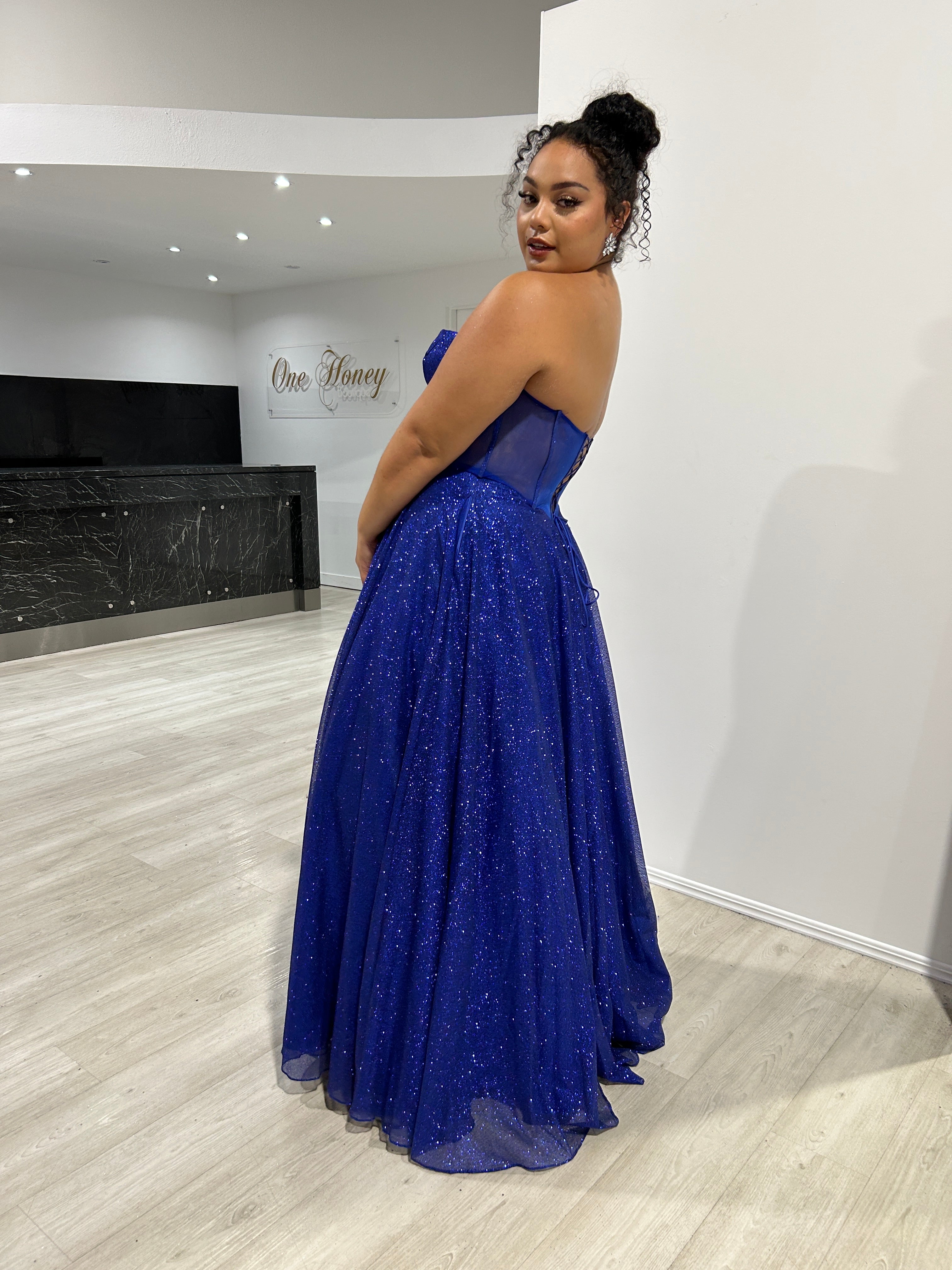 ALOMA Glitter Corset Strapless Formal Dress with boned bodice, evening gown. Elegant in blue. Brisbane to Gold Coast, Australia.