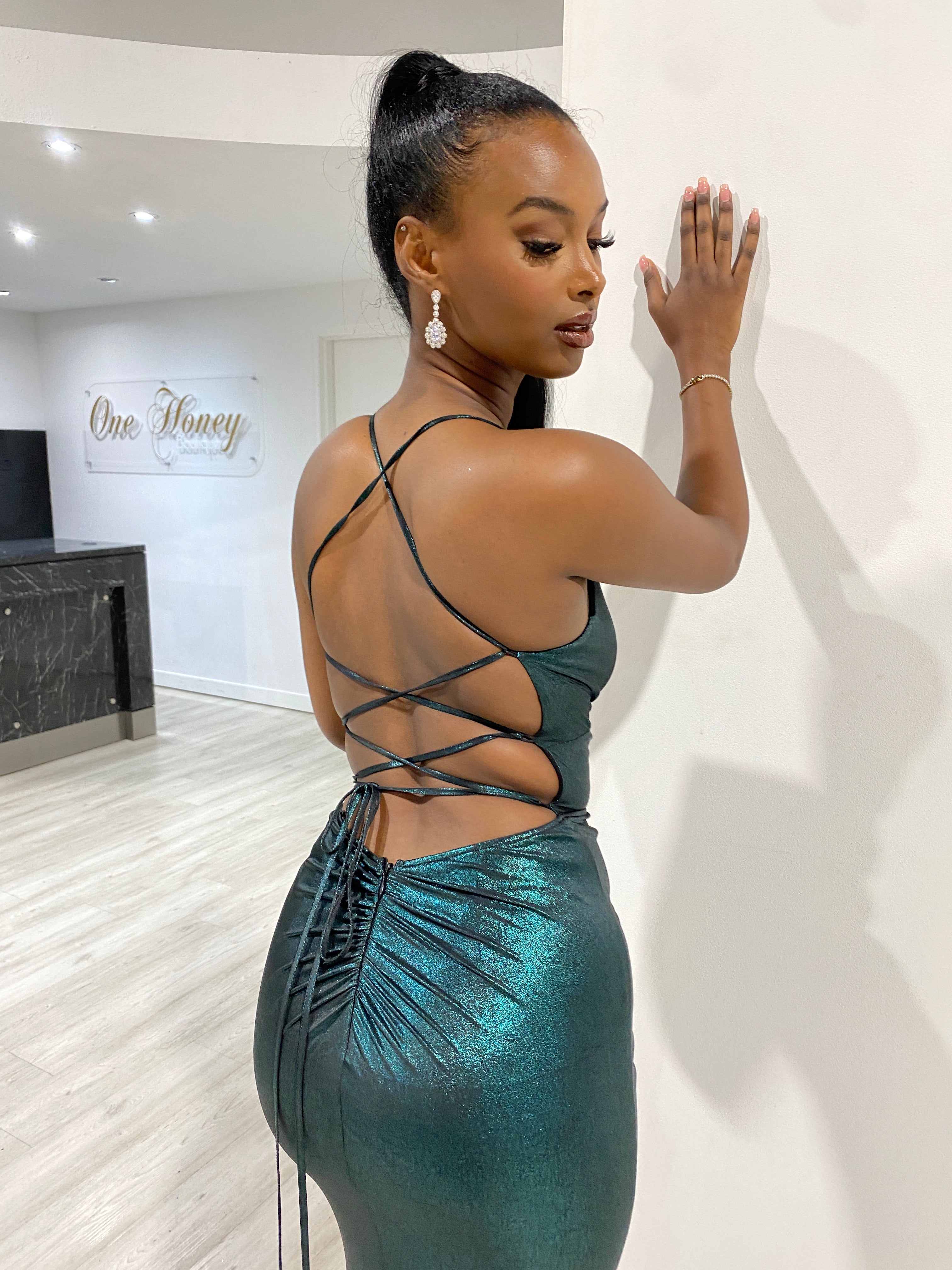 Model wearing Honey Couture MARI Green Shimmer Lace Back Ruching Prom Dress, Australian Designer formal evening gown.