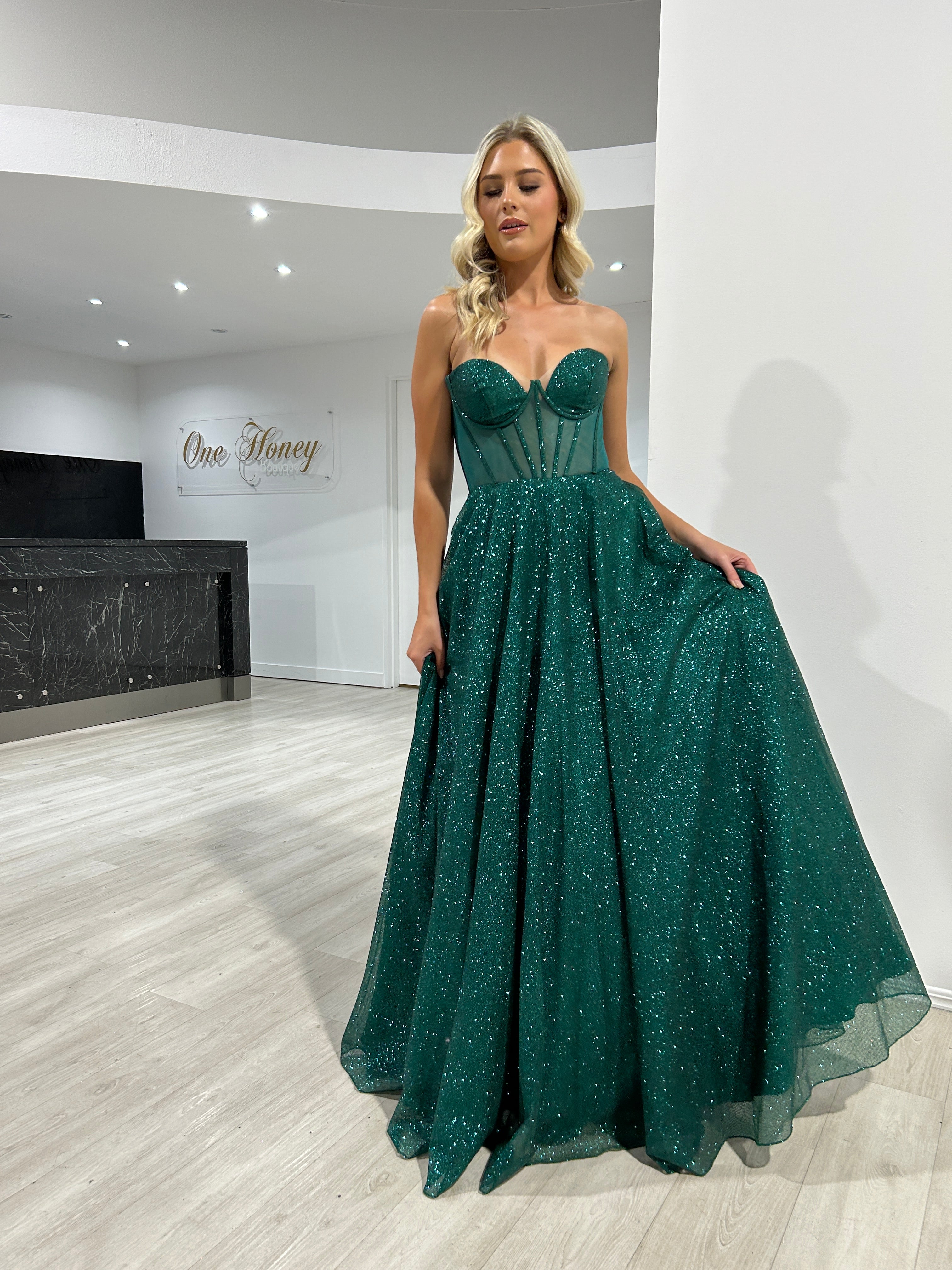 ALOMA Glitter Corset Strapless Formal Dress, green glitter corset ball gown, Brisbane to Gold Coast, Australia.