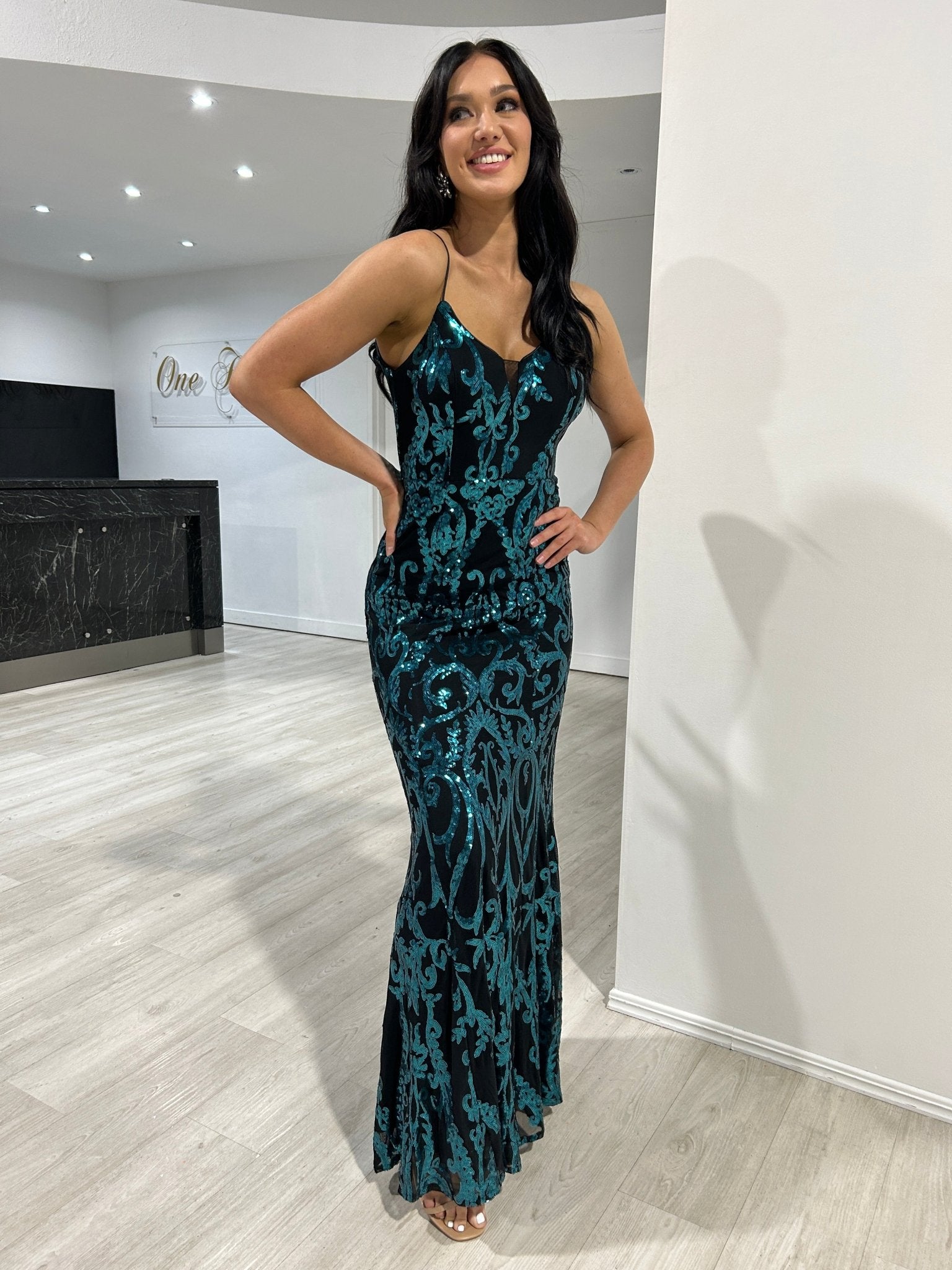 Honey Couture CARTIER Black & Emerald Green Sequin Pattern Formal Dress in Australia | One Honey Boutique