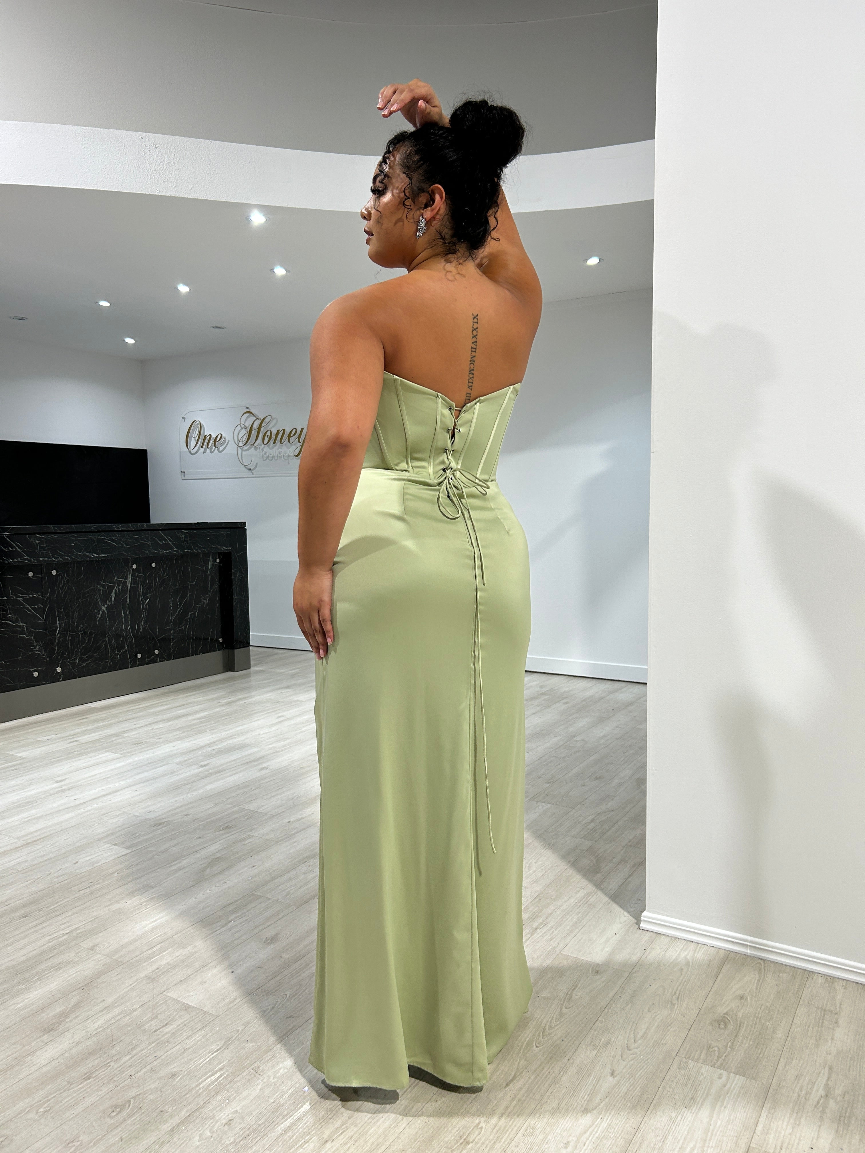 Honey Couture TYRA Sage Green Corset Bustier Leg Split Formal Dress