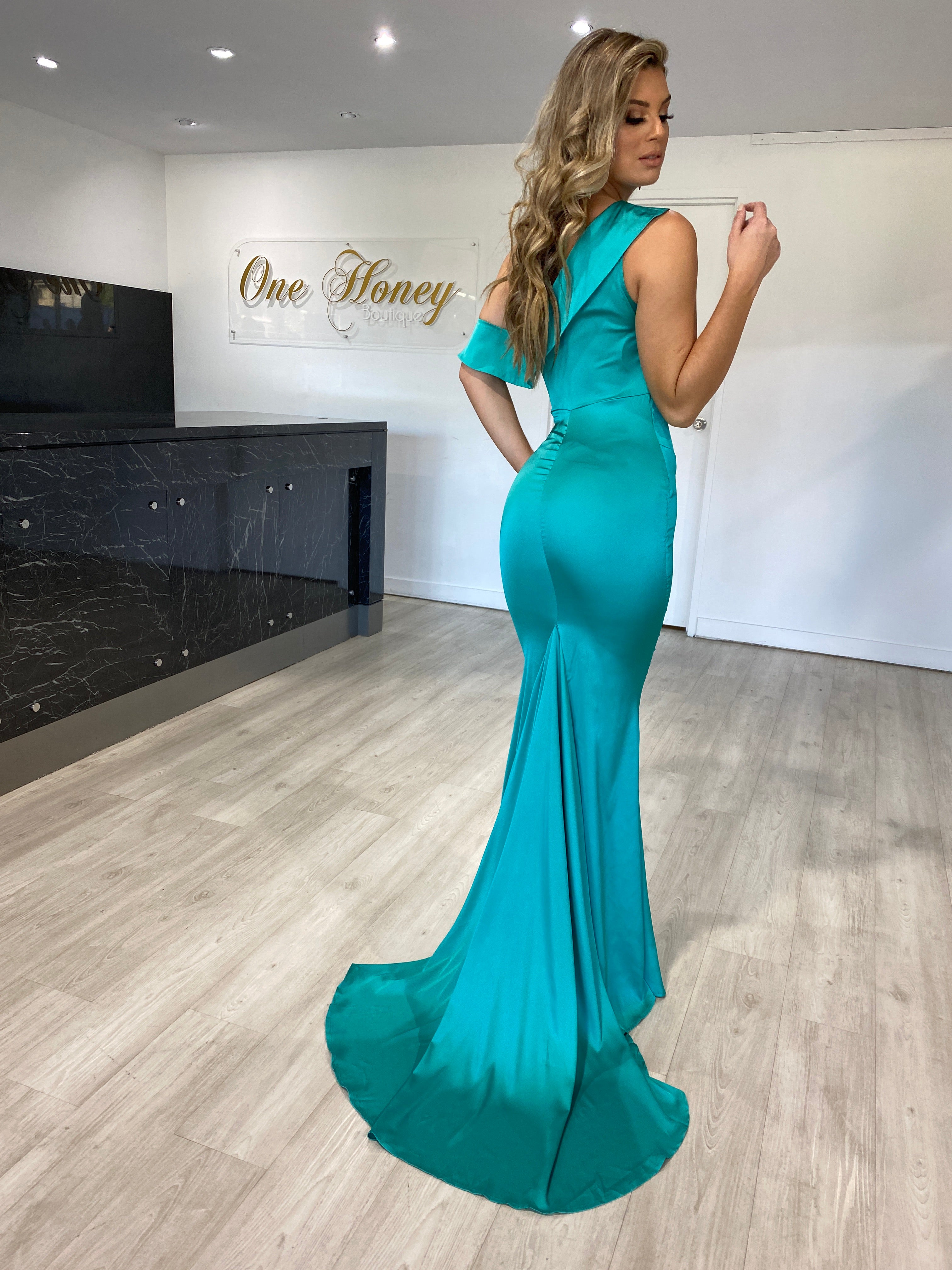 Honey Couture MEL Teal Green One Shoulder Frilly Satin Mermaid Gown