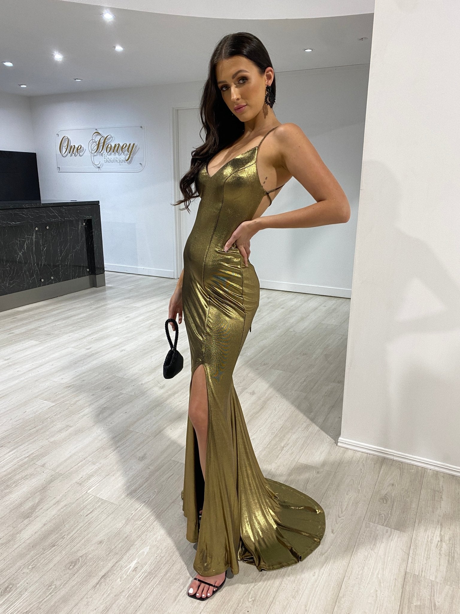 Honey Couture DITA Copper Gold Lace Up Corset Mermaid Formal Dress in Australia | One Honey Boutique