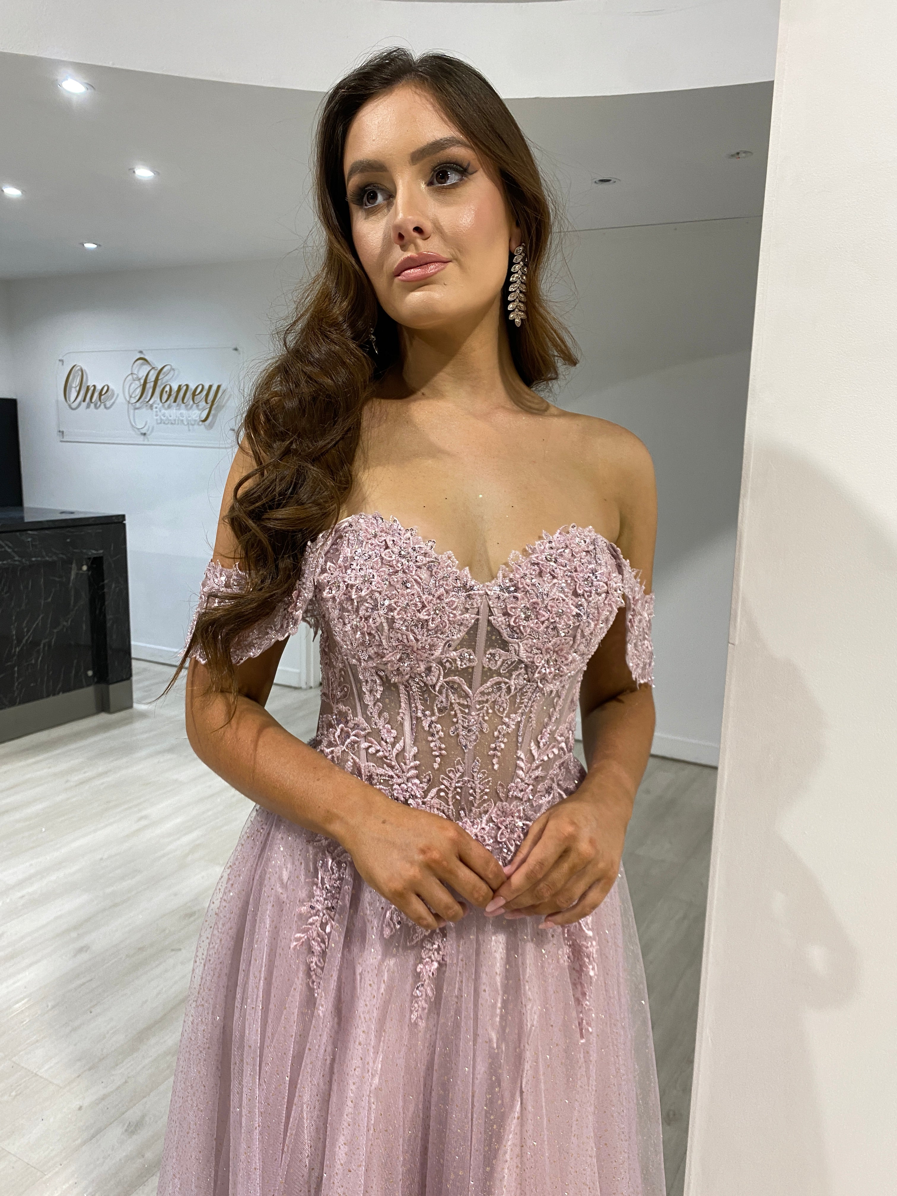 PHOEBE Off the Shoulder Bustier Lace Applique Tulle Formal Dress with glitter bodice, evening gown. Brisbane to Gold Coast.