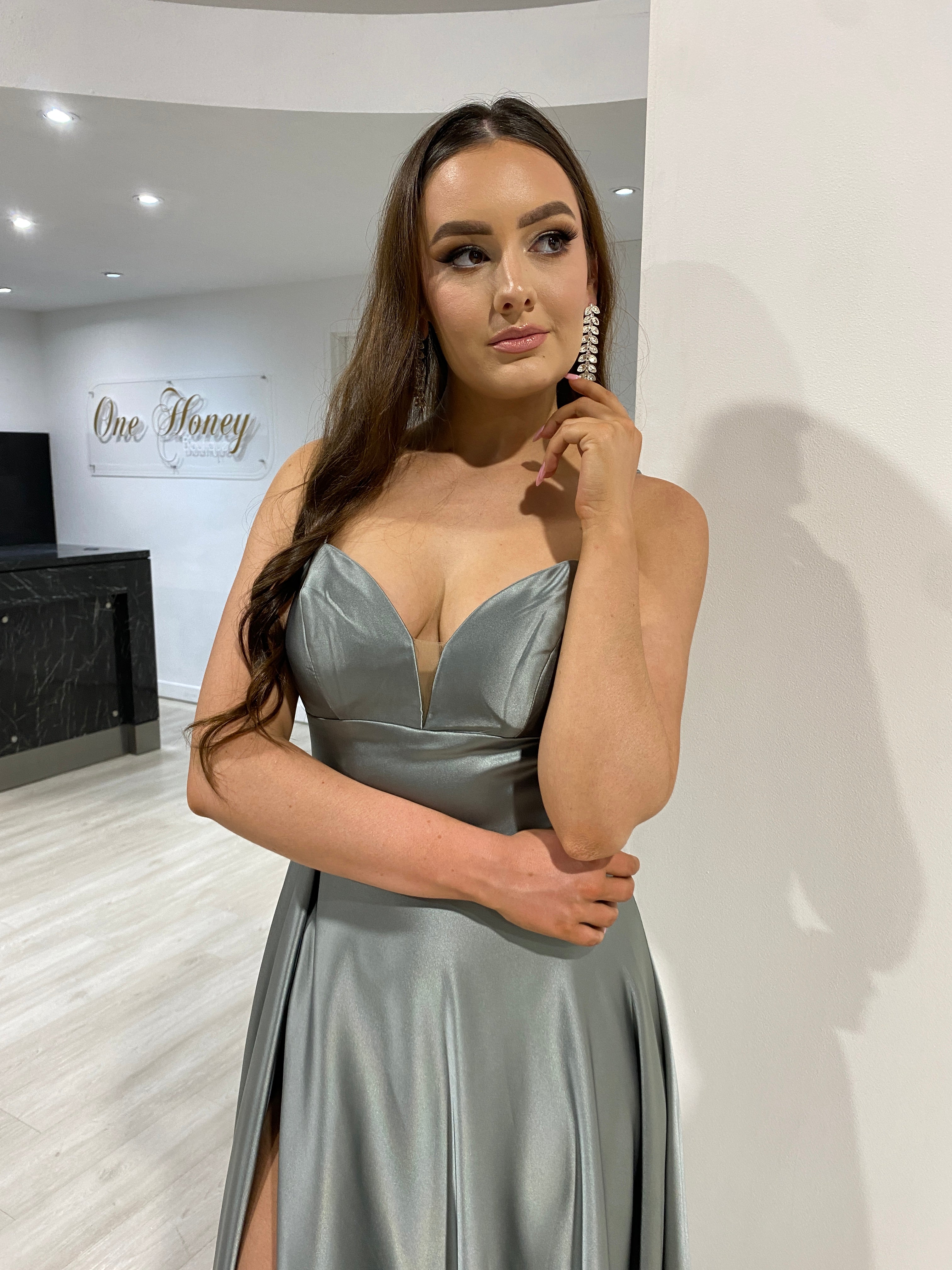 KAY Silky A Line bridesmaid dress with sweetheart neckline and leg slit, perfect for semi formal events. Brisbane to Gold Coast, Australia.