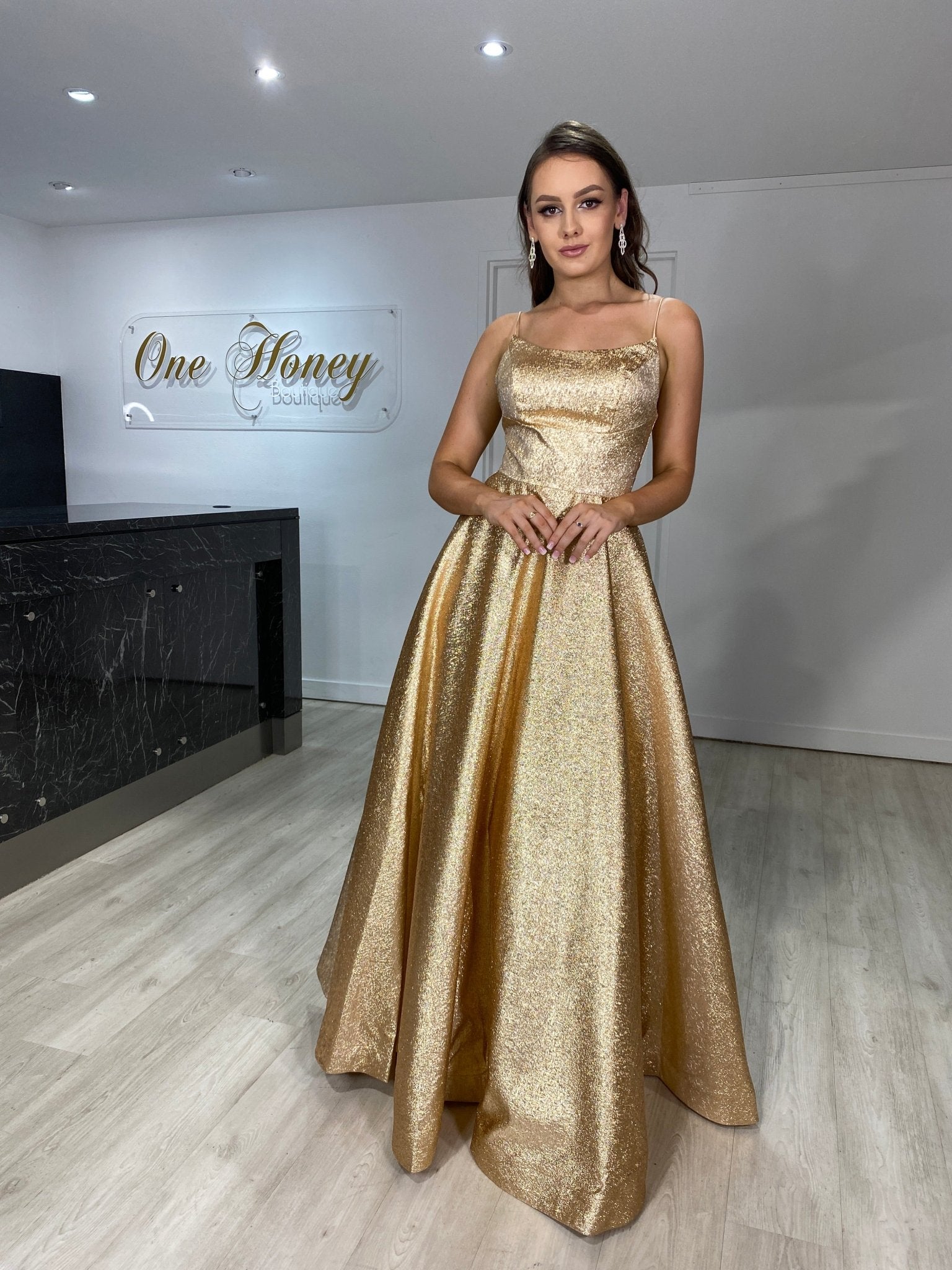 Honey Couture ADORA Gold Metallic Shimmer Lace Up Corset Back Formal Gown Dress in Australia | One Honey Boutique