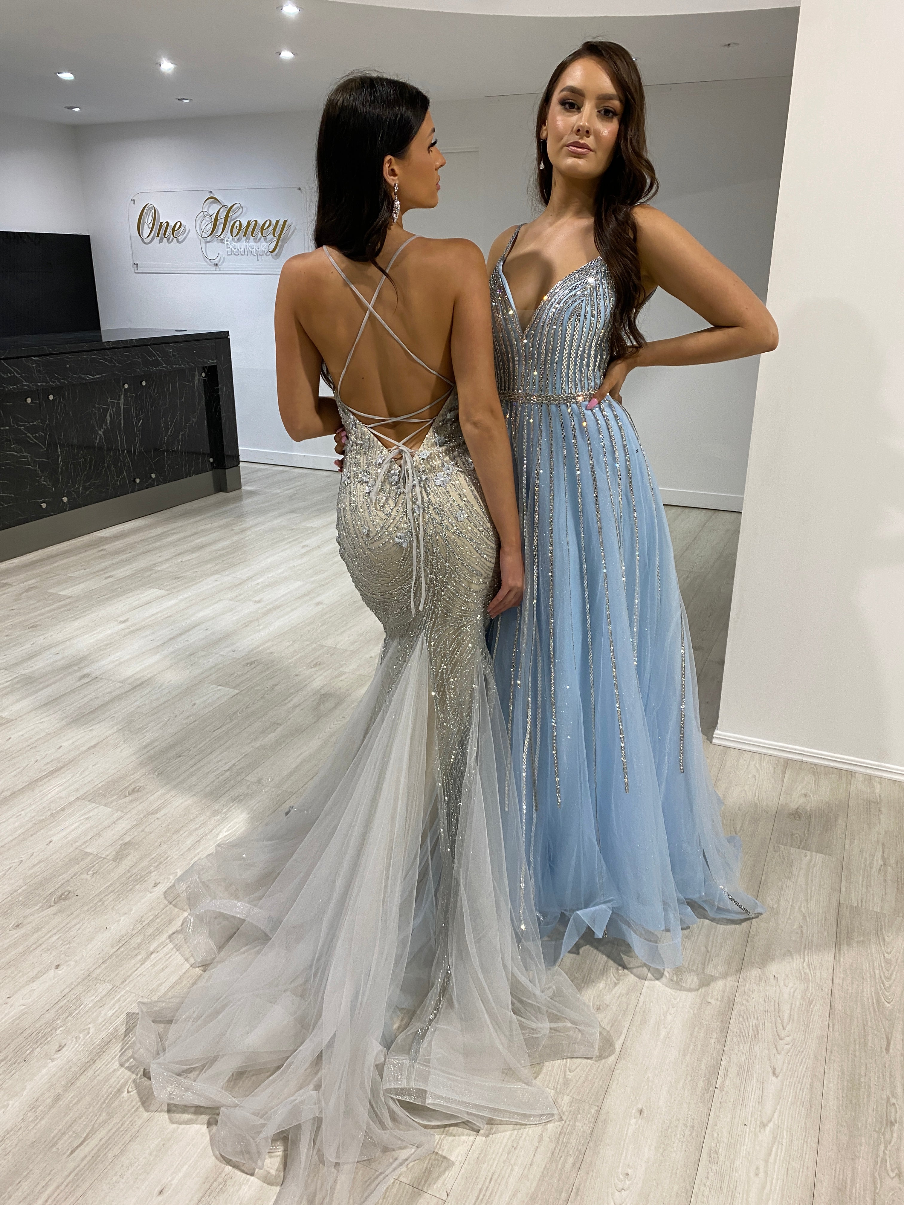 CHARLISE A Line Diamante Sequin Ballgown Formal Dress with glitter tulle and plunging back, evening gown Brisbane to Gold Coast.