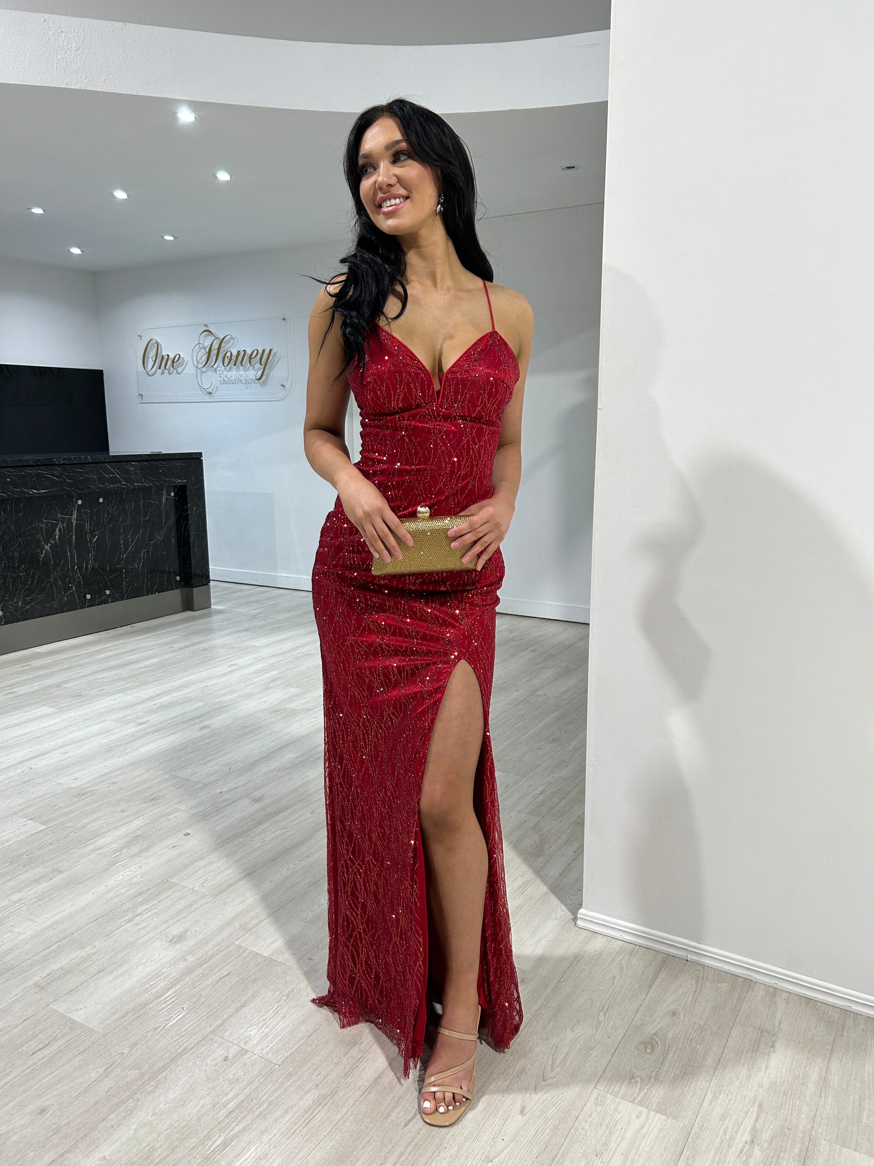 Honey Couture JANESSA Red Glitter V-Front Mermaid Formal Gown Dress