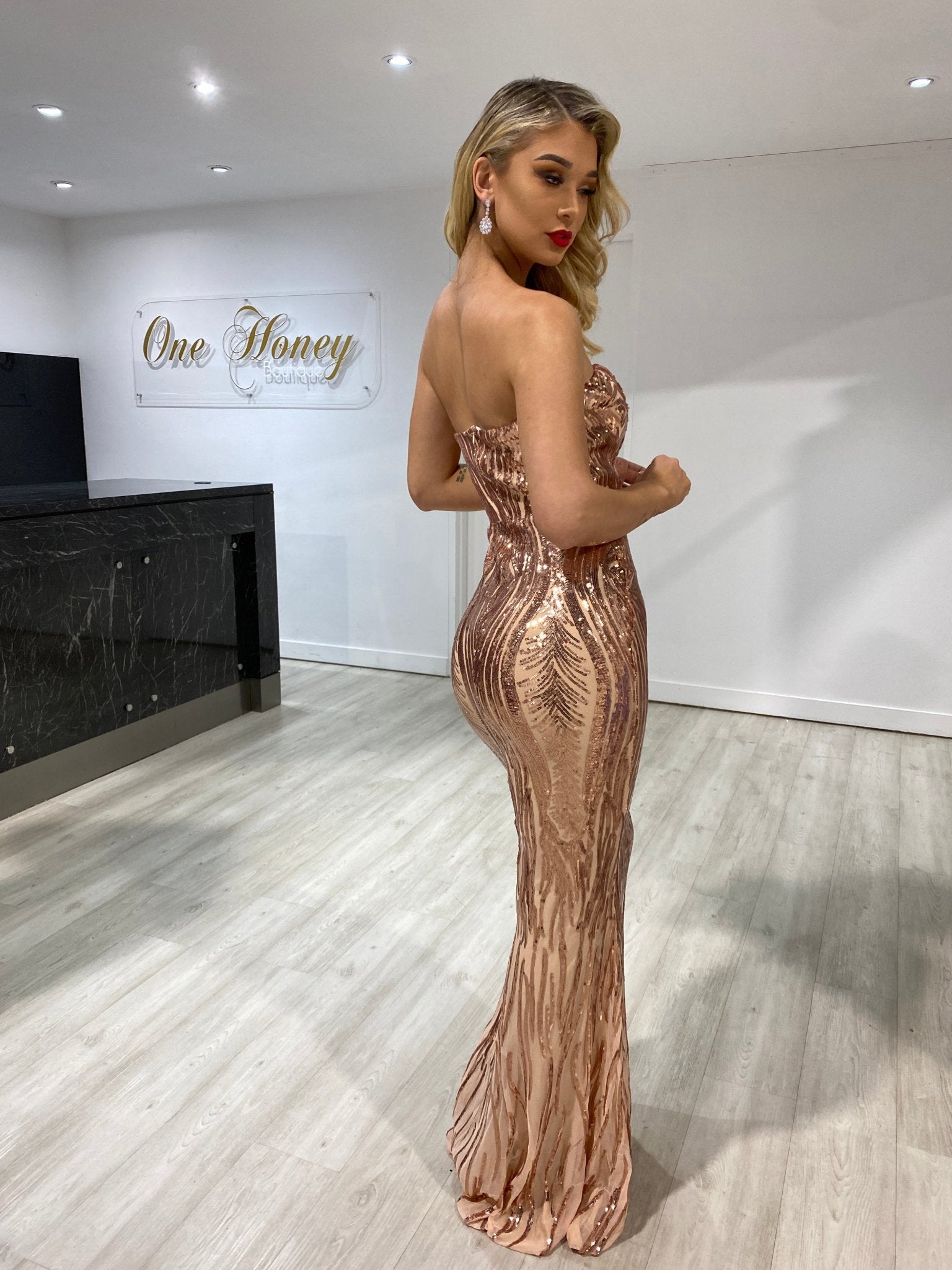 Honey Couture GWEN Gold Sequin Strapless Formal Dress in Australia | One Honey Boutique