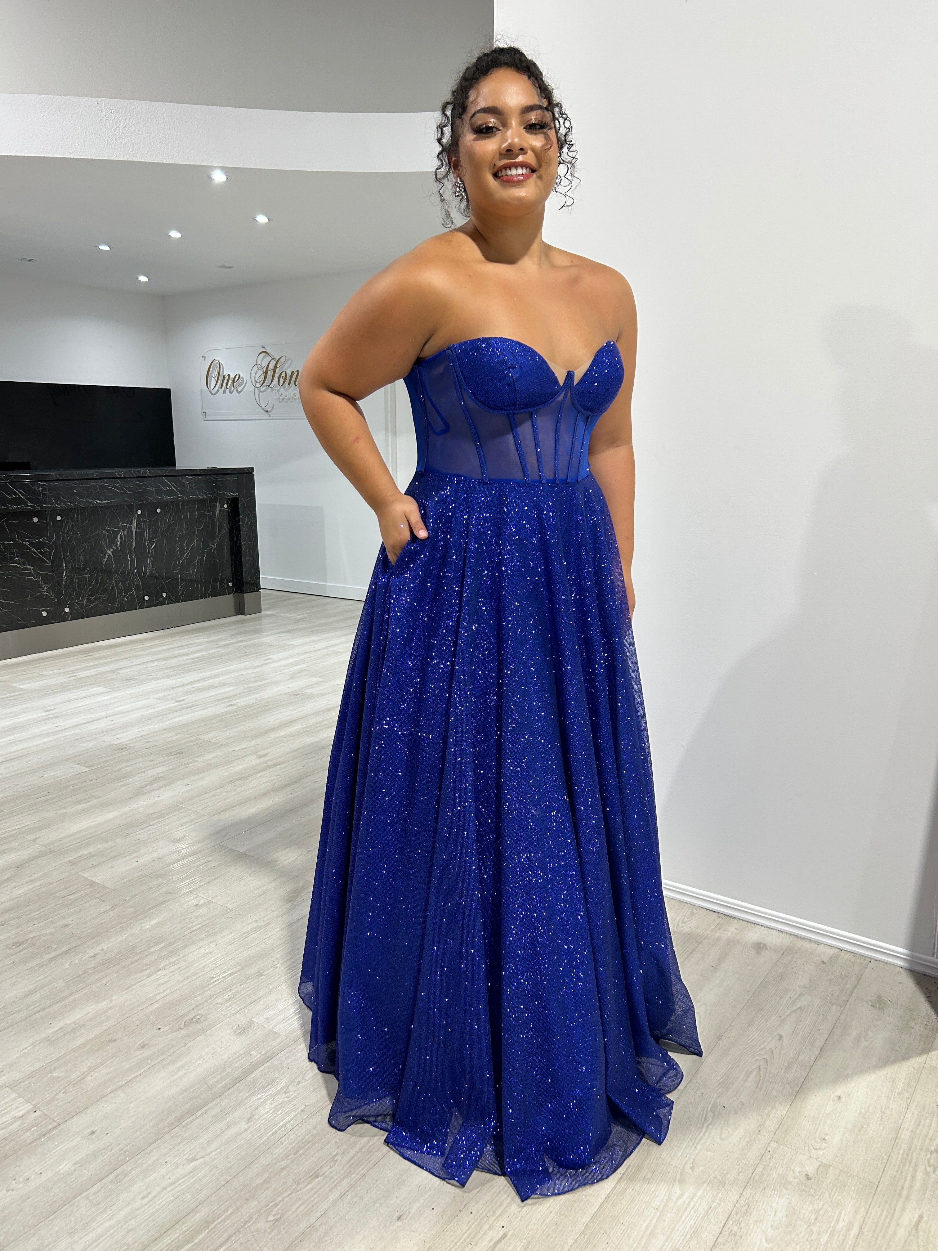 ALOMA Glitter Corset Strapless Formal Dress featuring a dazzling sheer boned bodice, perfect for evening events, Brisbane to Gold Coast.