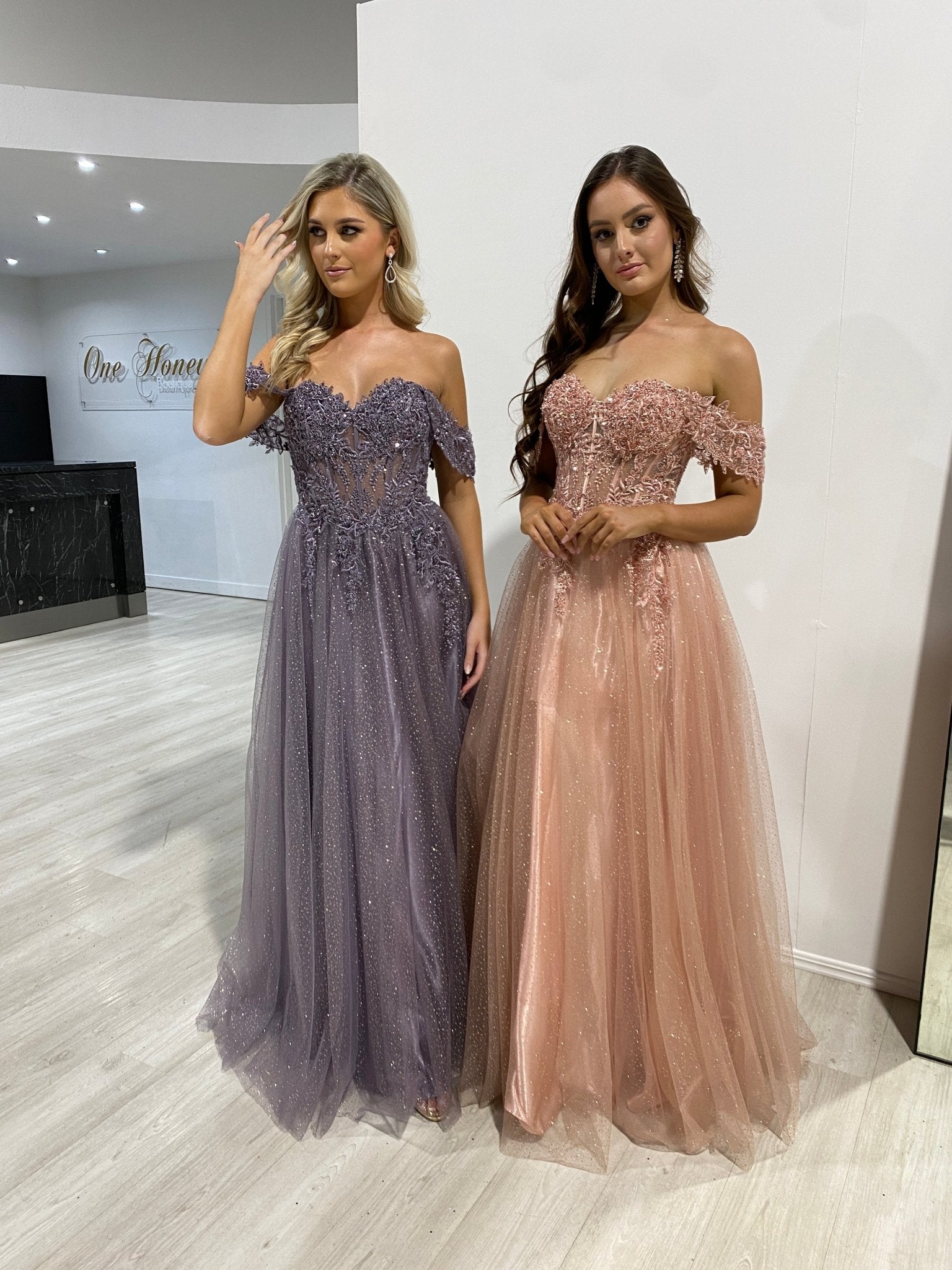 PHOEBE Off the Shoulder Bustier Lace Applique Tulle Formal Dress in Australia | One Honey Boutique