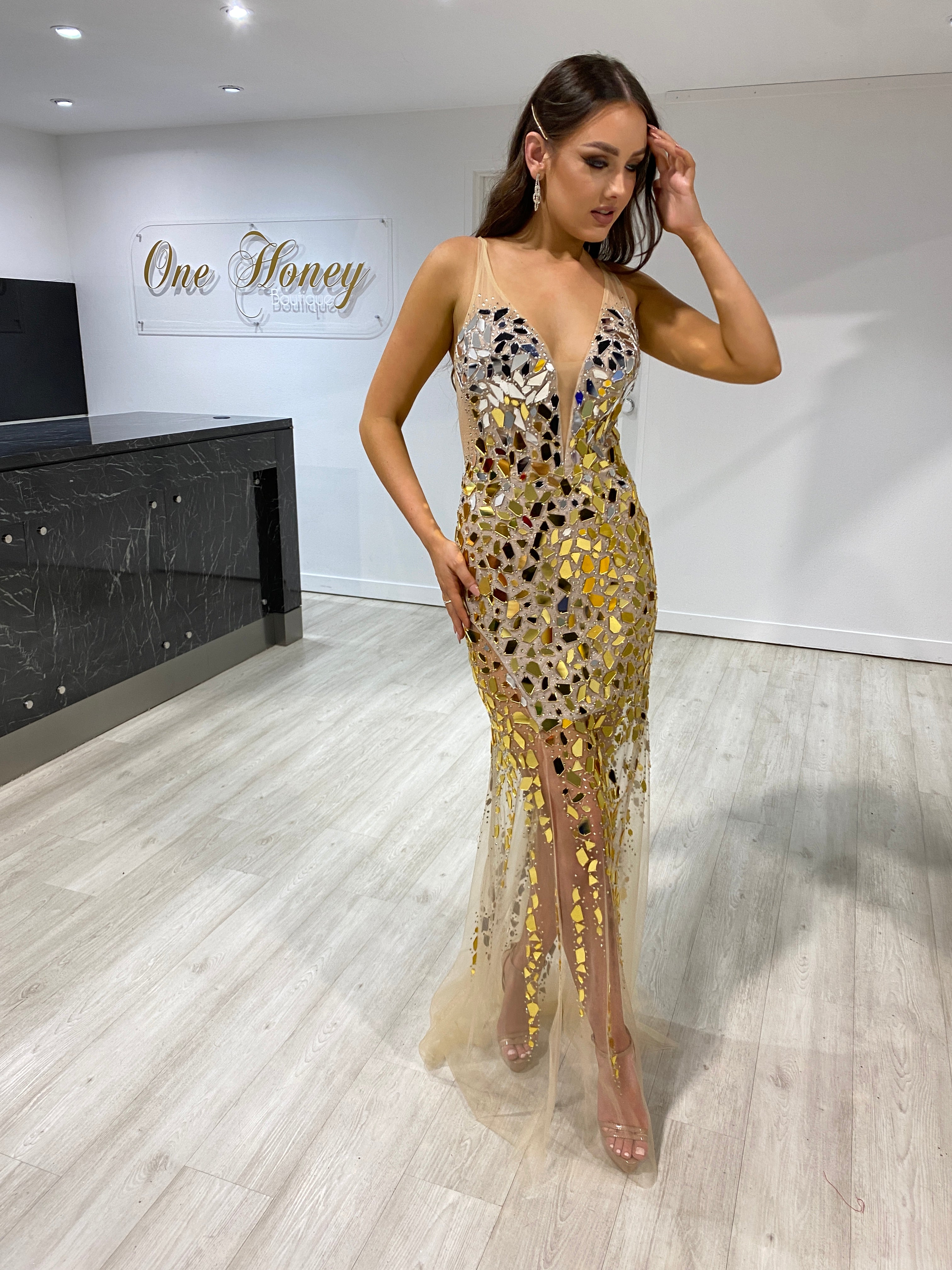 Honey Couture SAPPHIRE Mirror Mesh Formal Gown Dress with nude mesh and mirror tiles, designed by Australian label, perfect for prom or evening event.