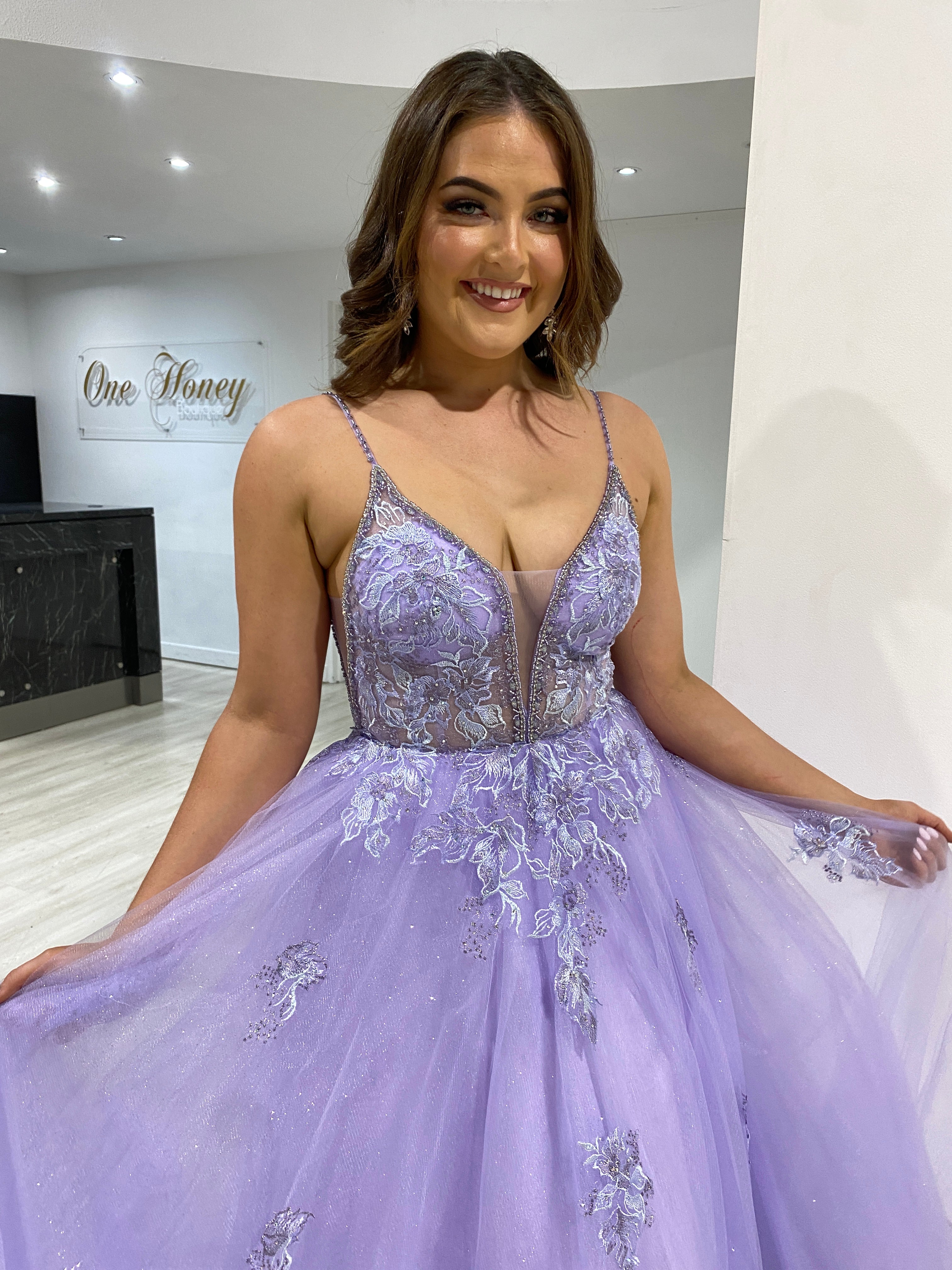 Honey Couture ROSEMARY Lilac Tulle Dress with Beaded Detail from Australian Designer, perfect for prom or evening events, LIMITED EDITION.
