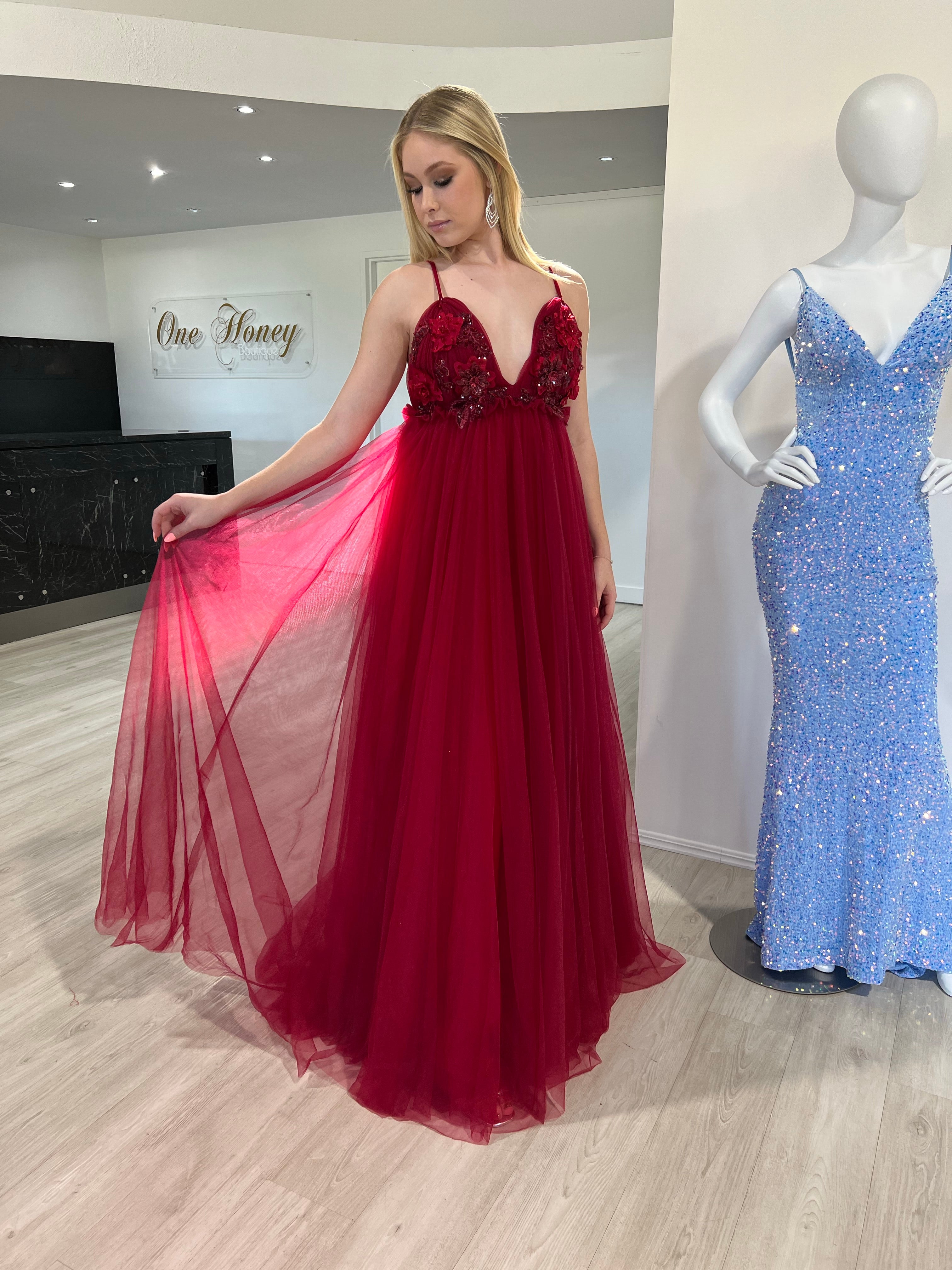 Alt Tag: Woman wearing Honey Couture PEYTON Wine Burgundy 3D Flowers Formal Gown, Australian designer evening dress with V neckline.