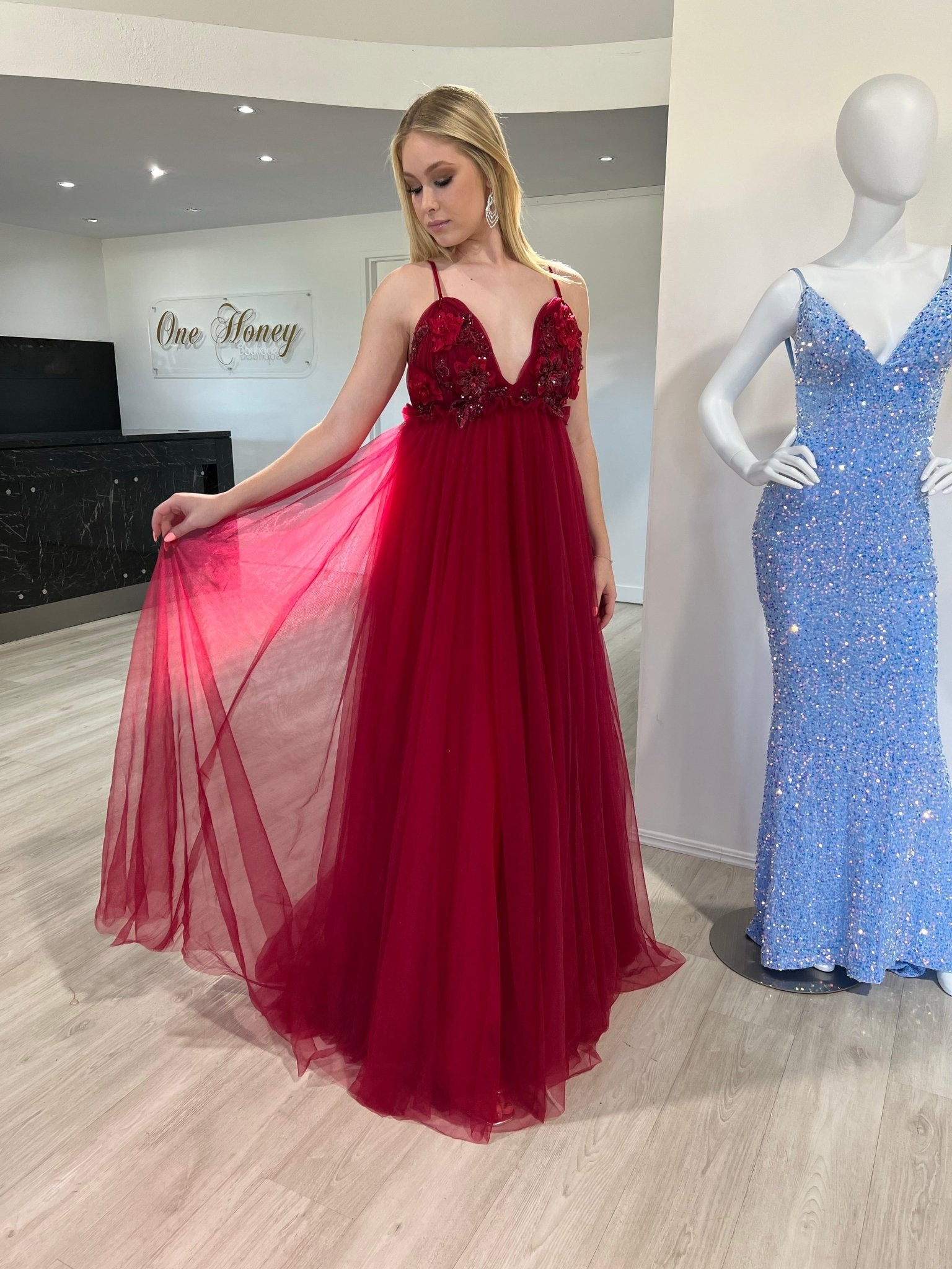 Honey Couture PEYTON Wine Burgundy 3D Flowers Formal Gown in Australia | One Honey Boutique