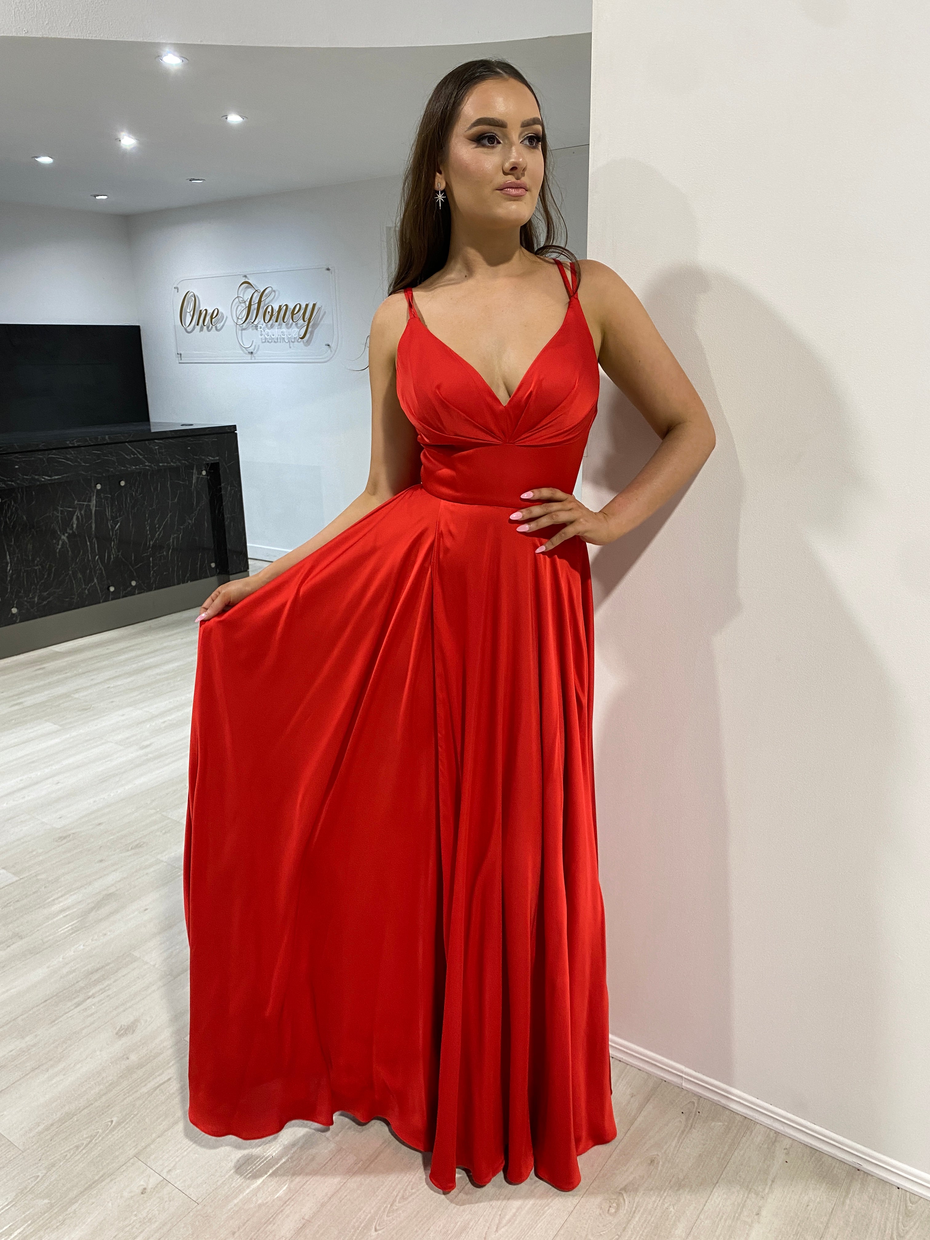 ROSALIA deep V-neck satin prom gown with A-line silhouette, featuring pleated bust and flowing skirt. Brisbane to Gold Coast, Australia.
