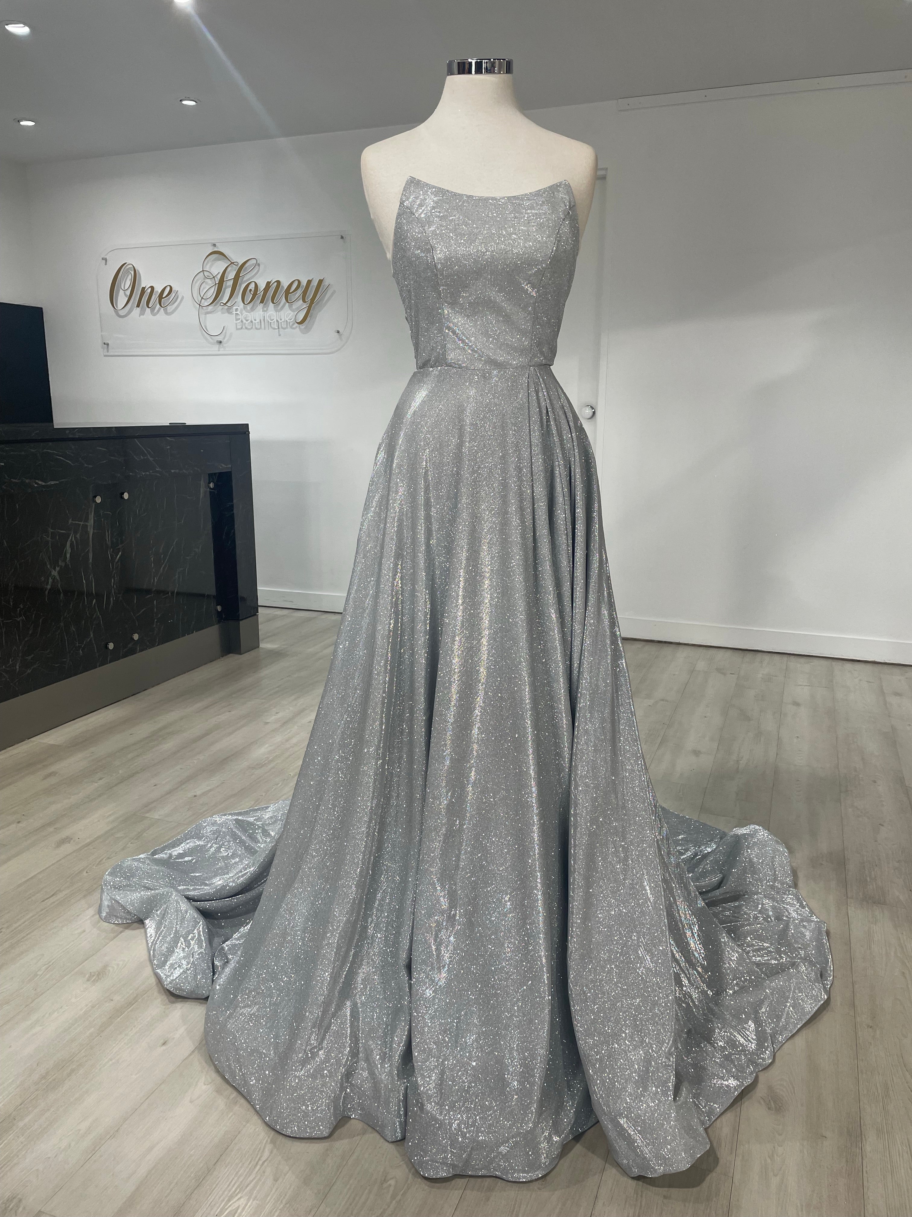 Silver glittery bustier gown from Honey Couture, Australian Designer. Perfect prom dress with elegant, affordable evening style.