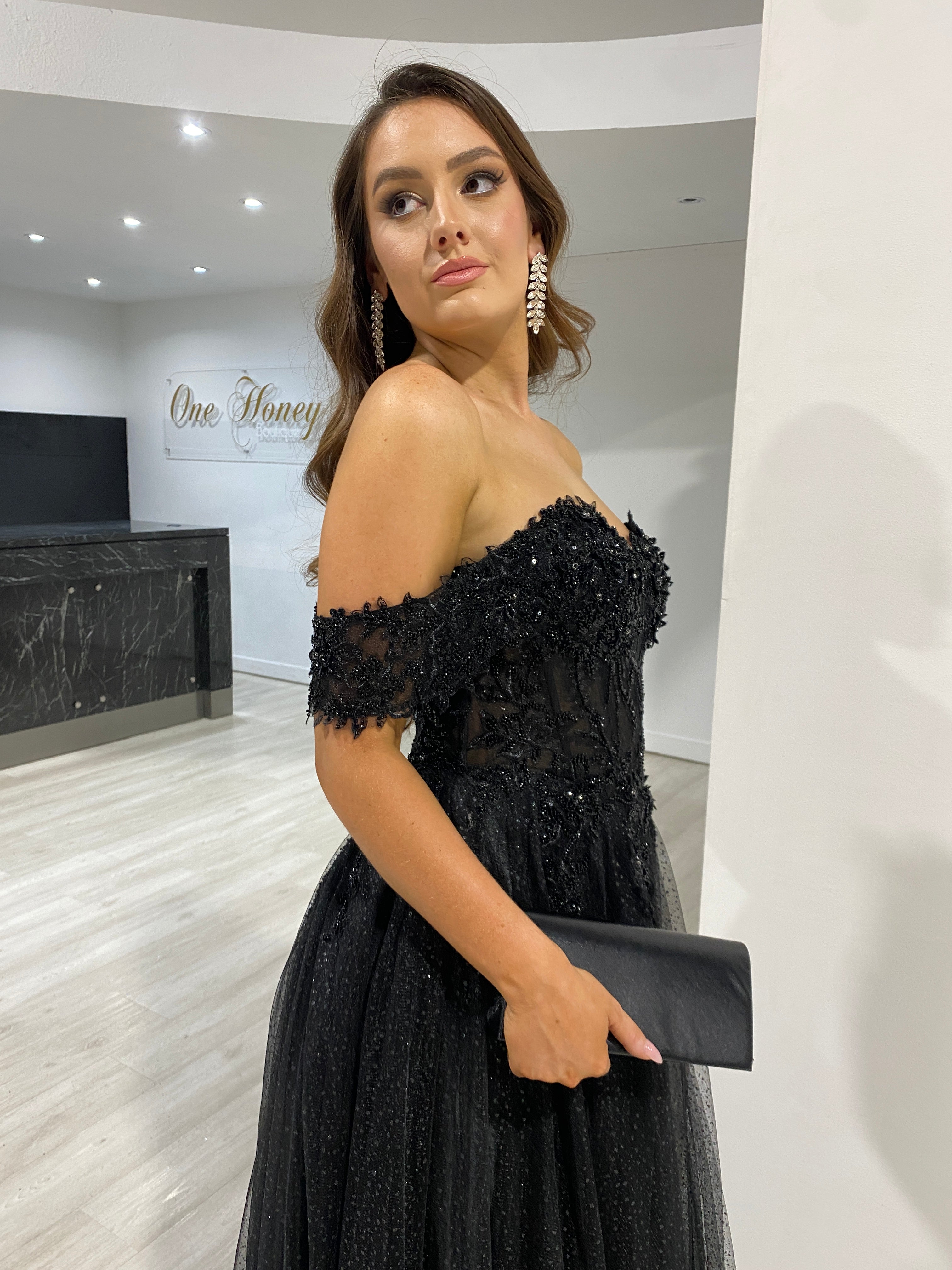 Honey Couture PHOEBE Black Off the Shoulder Bustier Lace Applique Tulle Formal Dress