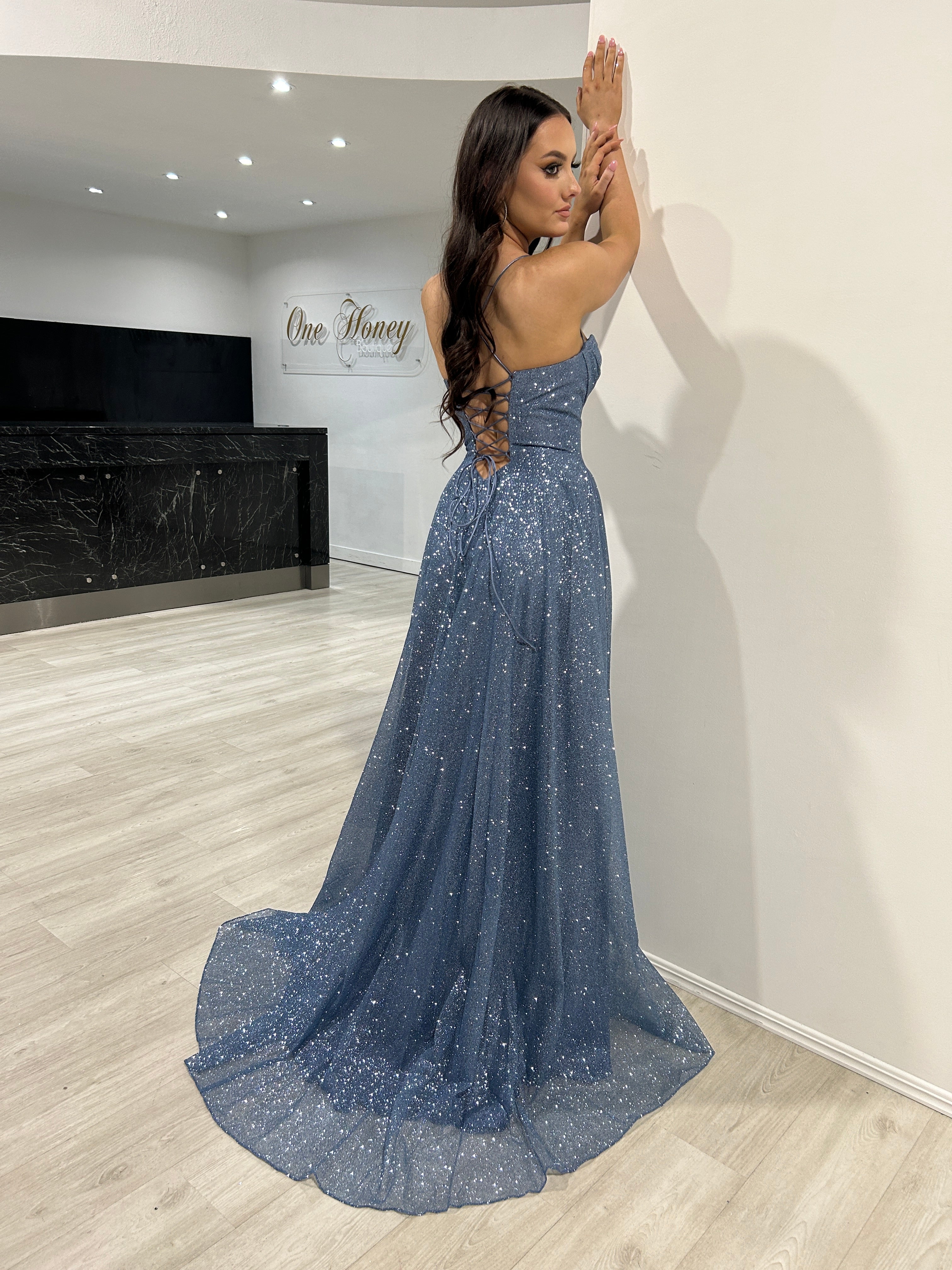 Honey Couture DREYA Smokey Blue Glitter Ball Gown Formal Dress