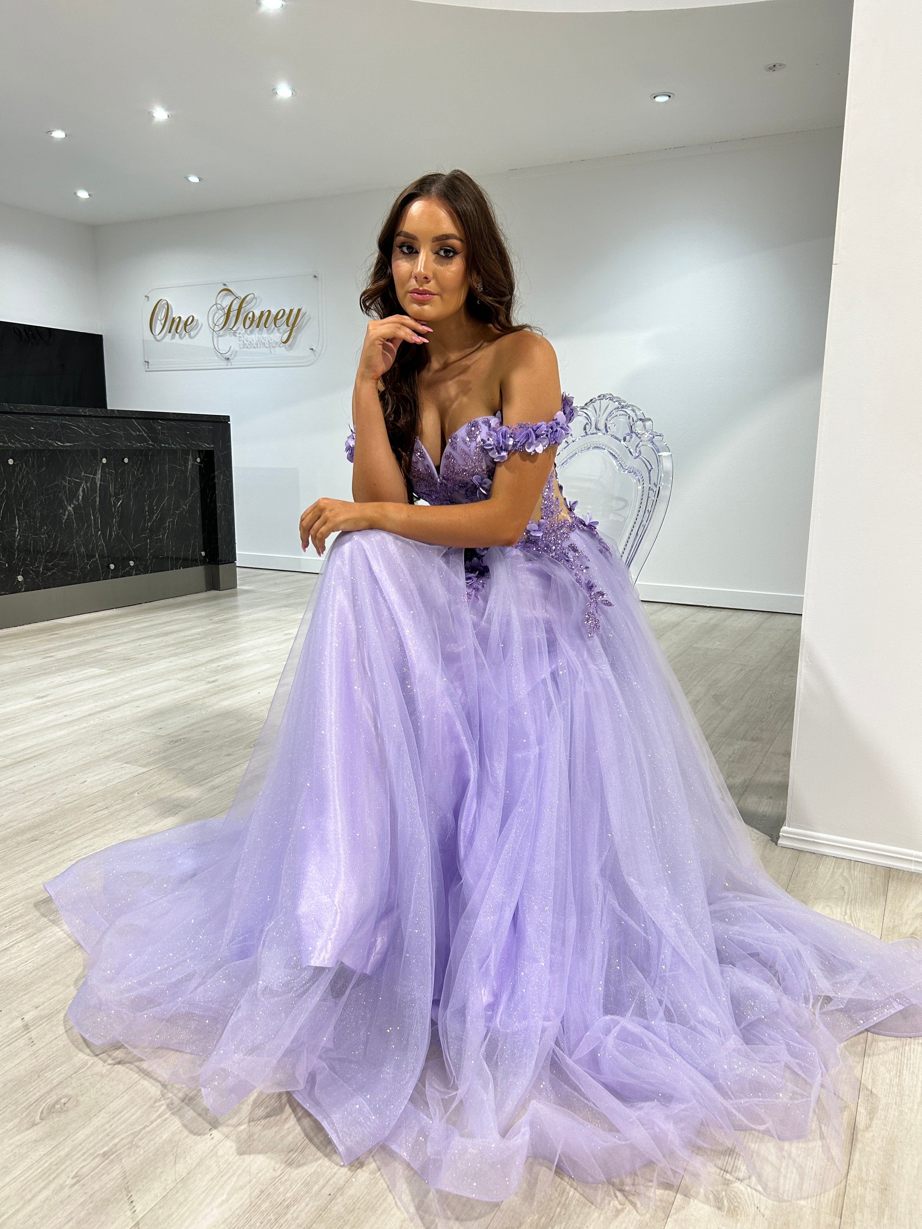 Honey Couture KARRISA Lavender Glitter off the Shoulder A-Line Formal Dress