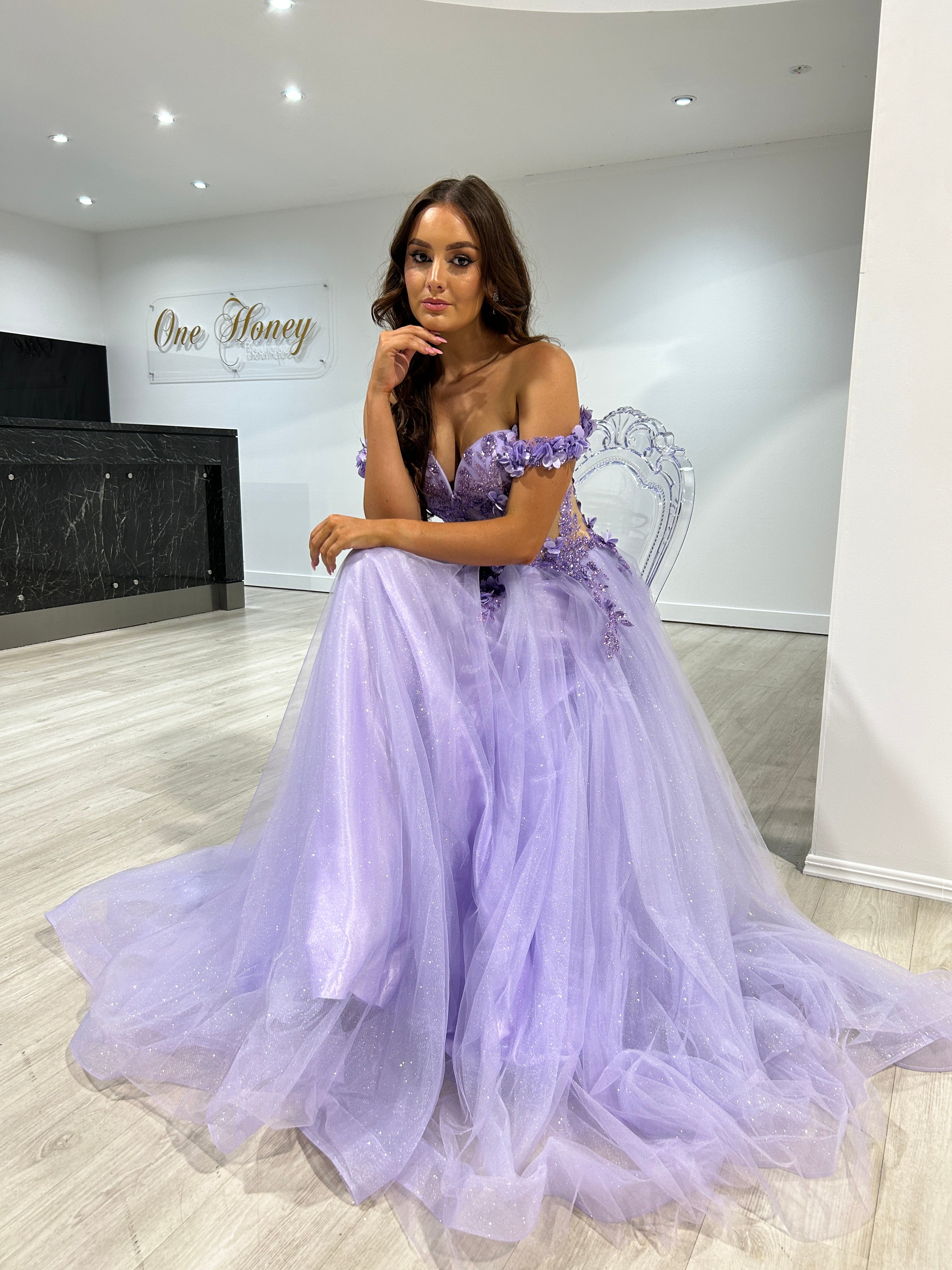 Honey Couture KARRISA Lavender A-Line Glitter Dress by Australian Designer. Off shoulder, leg split, formal gown for prom or evening.