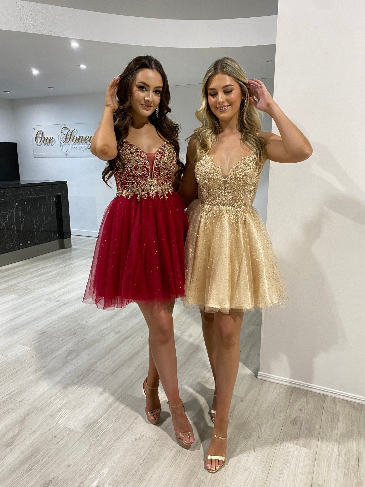 Honey Couture ERIN Champagne Sequin V Front Tulle Frilly Party Dress in Australia | One Honey Boutique