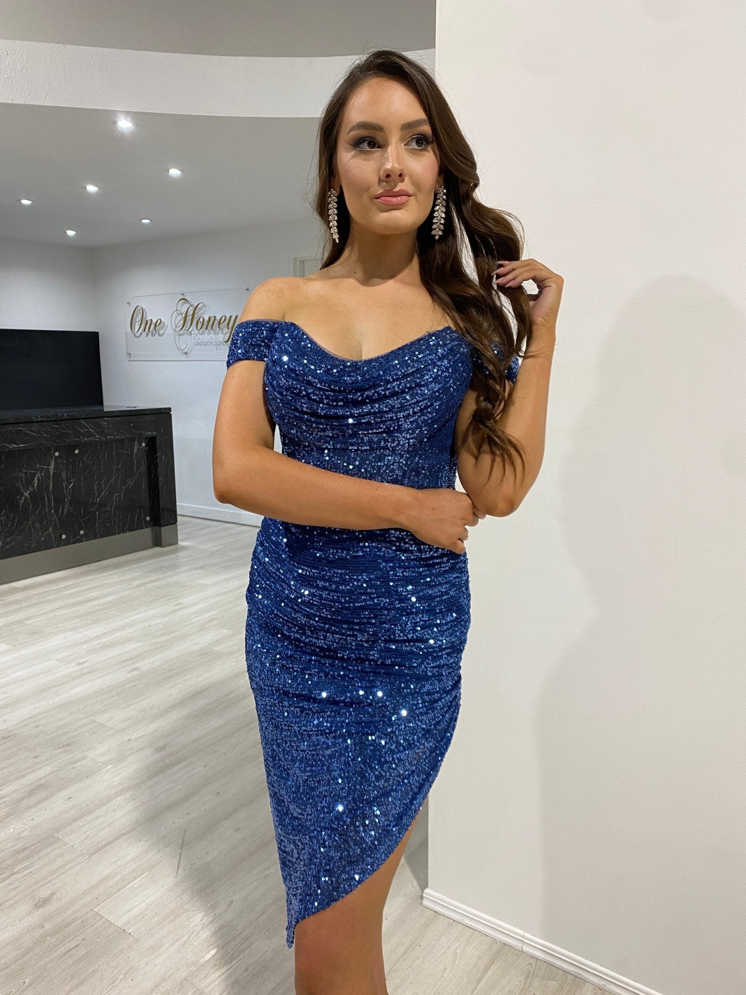 HESTA Sequin Off Shoulder Bustier Midi Dress in Australia | One Honey Boutique