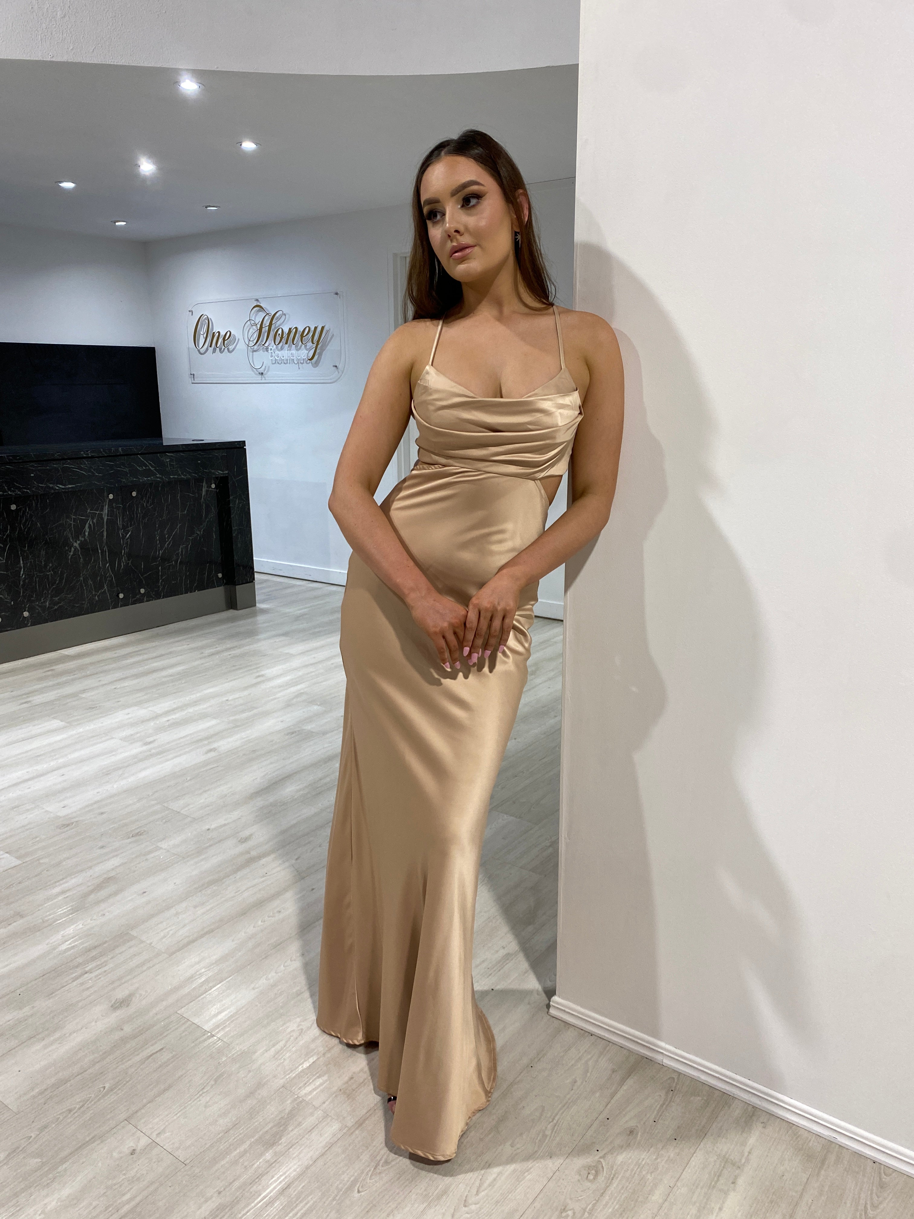 Honey Couture ELLIE Gold Silky Cut Out Maxi Dress