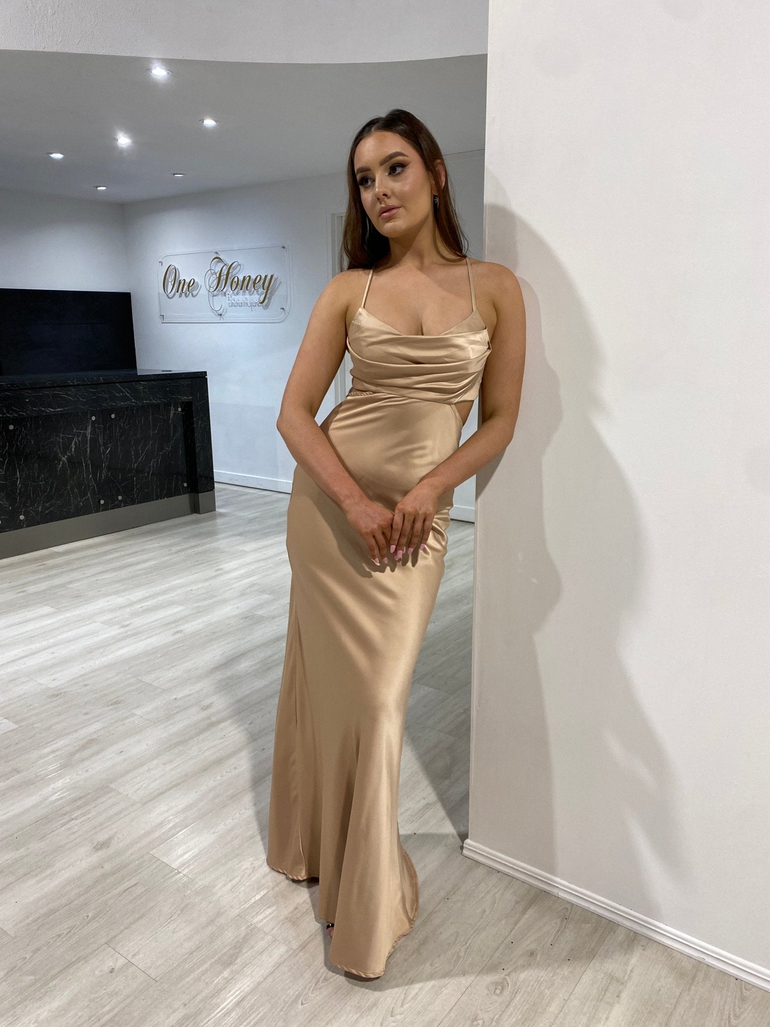 Honey Couture ELLIE Gold Silky Cut Out Maxi Dress in Australia | One Honey Boutique