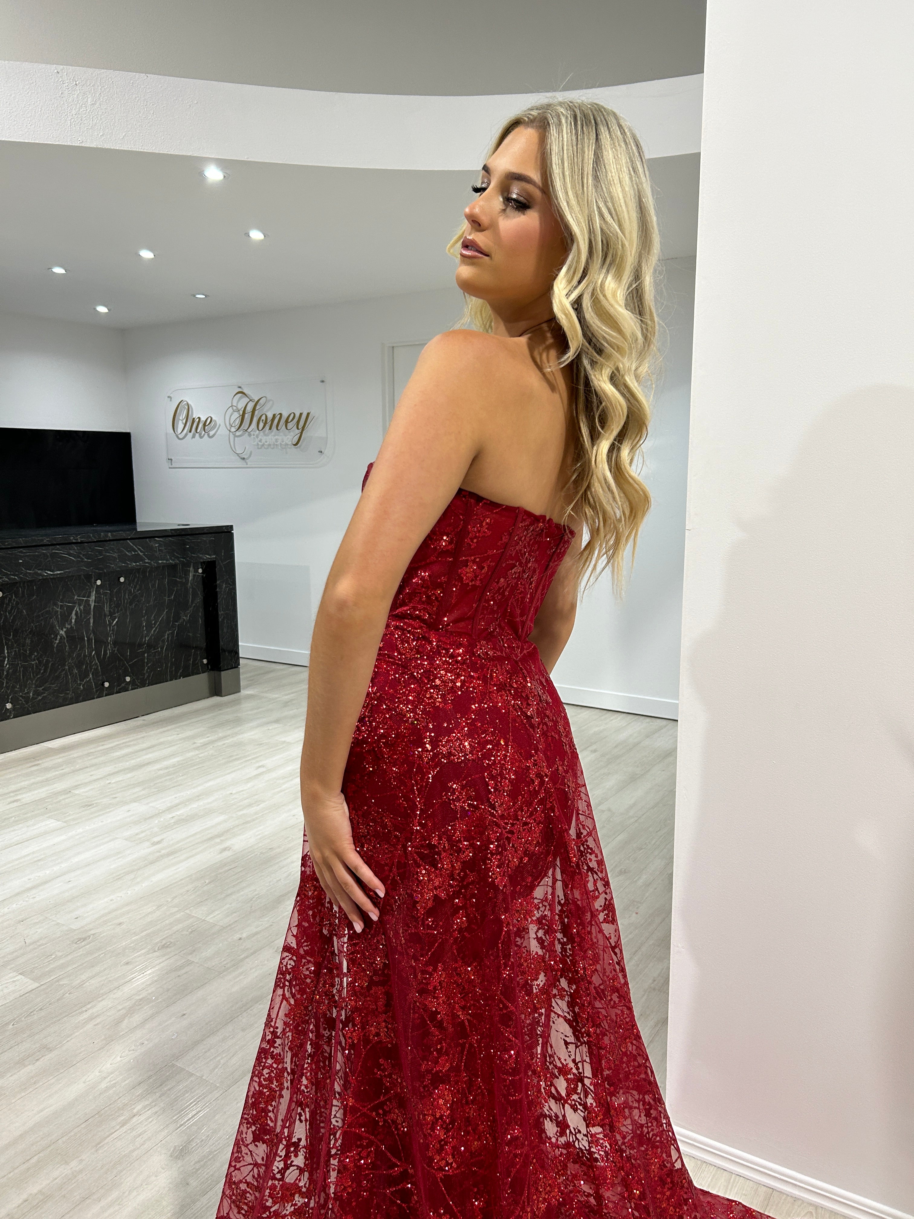 Honey Couture ASTRA Red Glitter Strapless Corset Overskirt Formal Dress