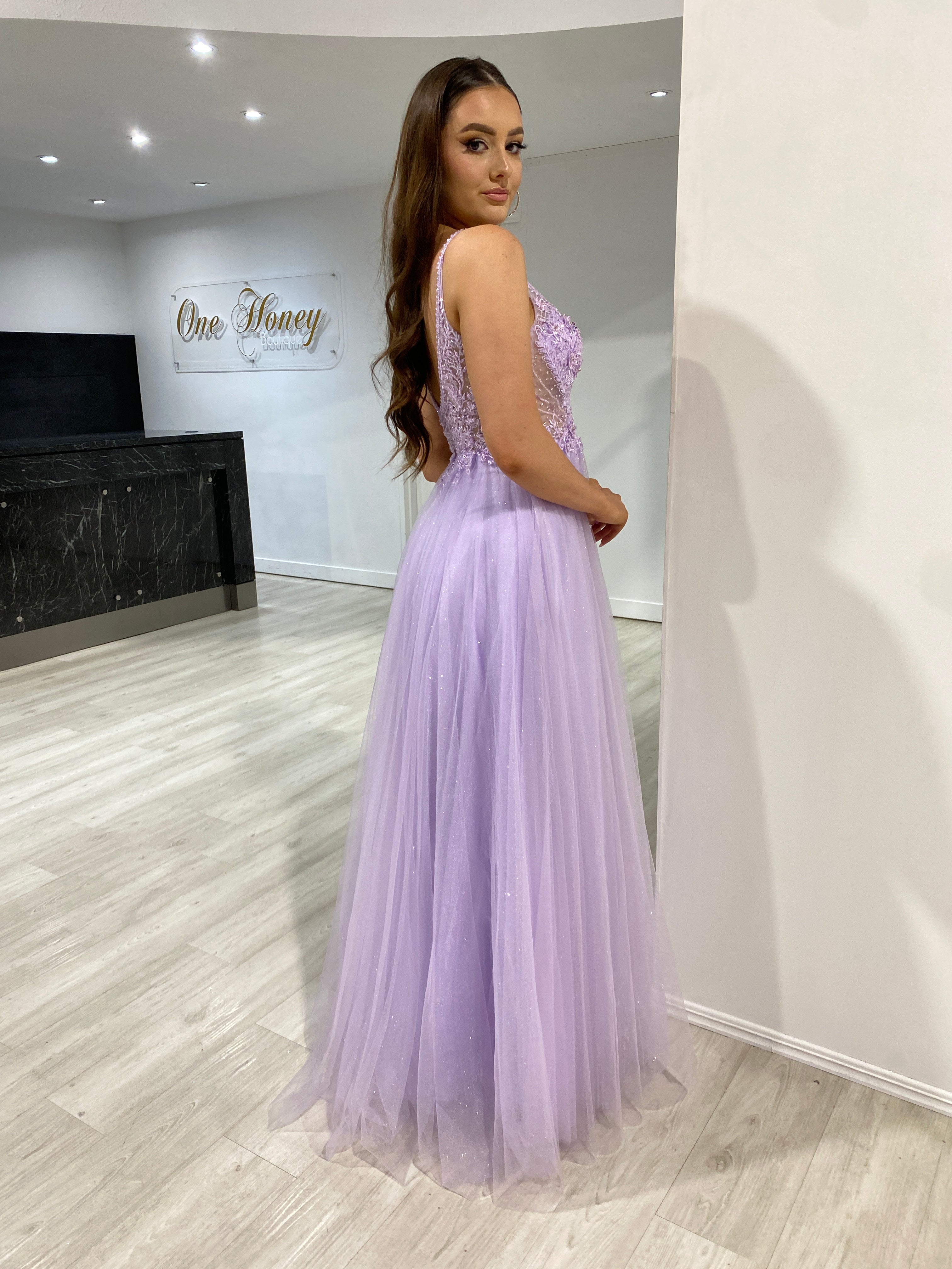 AMORET Romantic Beaded Applique Tulle Prom Dress with floral beaded bodice, A-line style, Brisbane to Gold Coast.