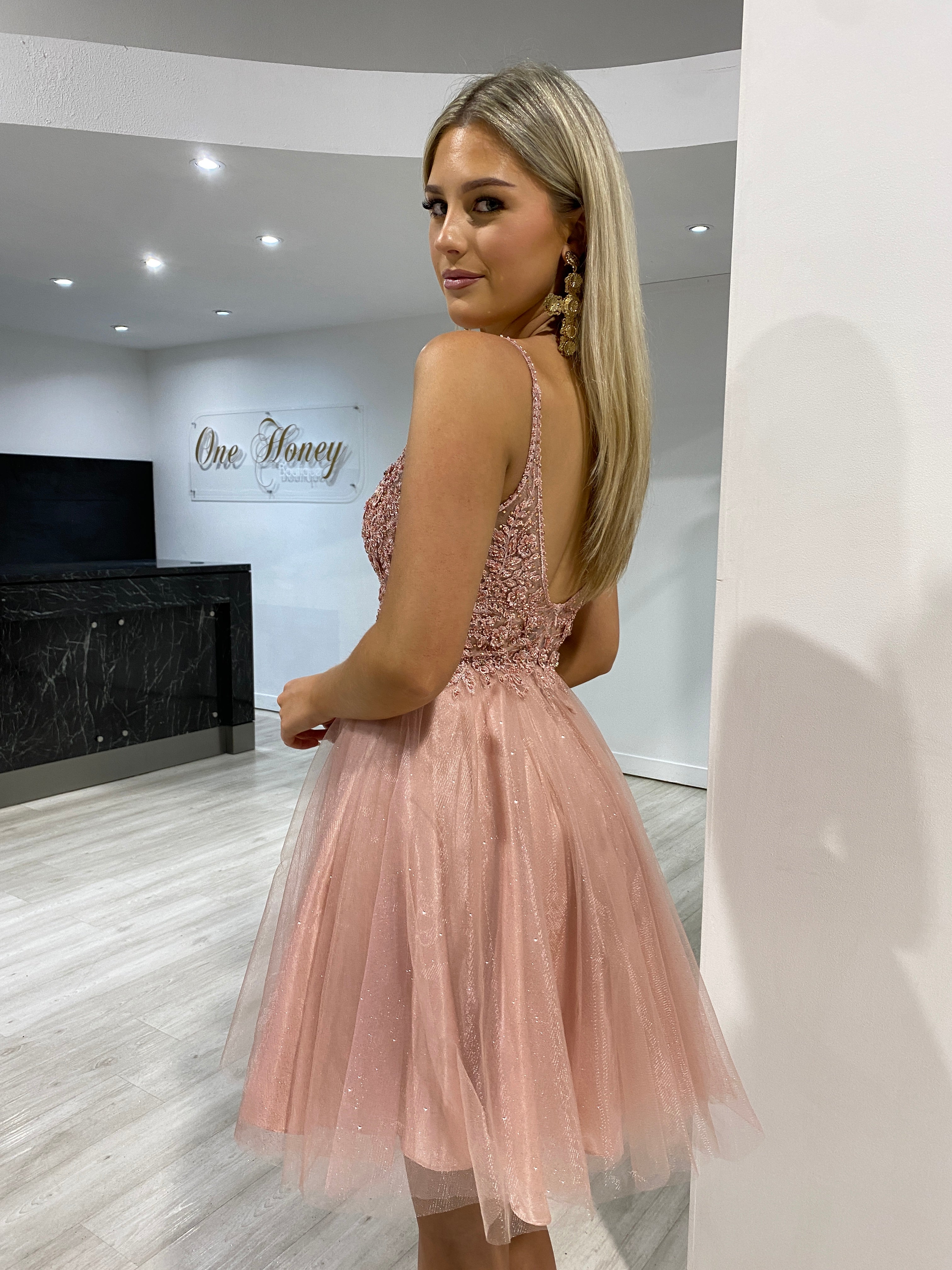 Woman wearing Honey Couture AMBROSIA Blush Sequin Beaded Strap Tulle Frilly Party Dress by Australian Designer, showcasing affordable prom gown.