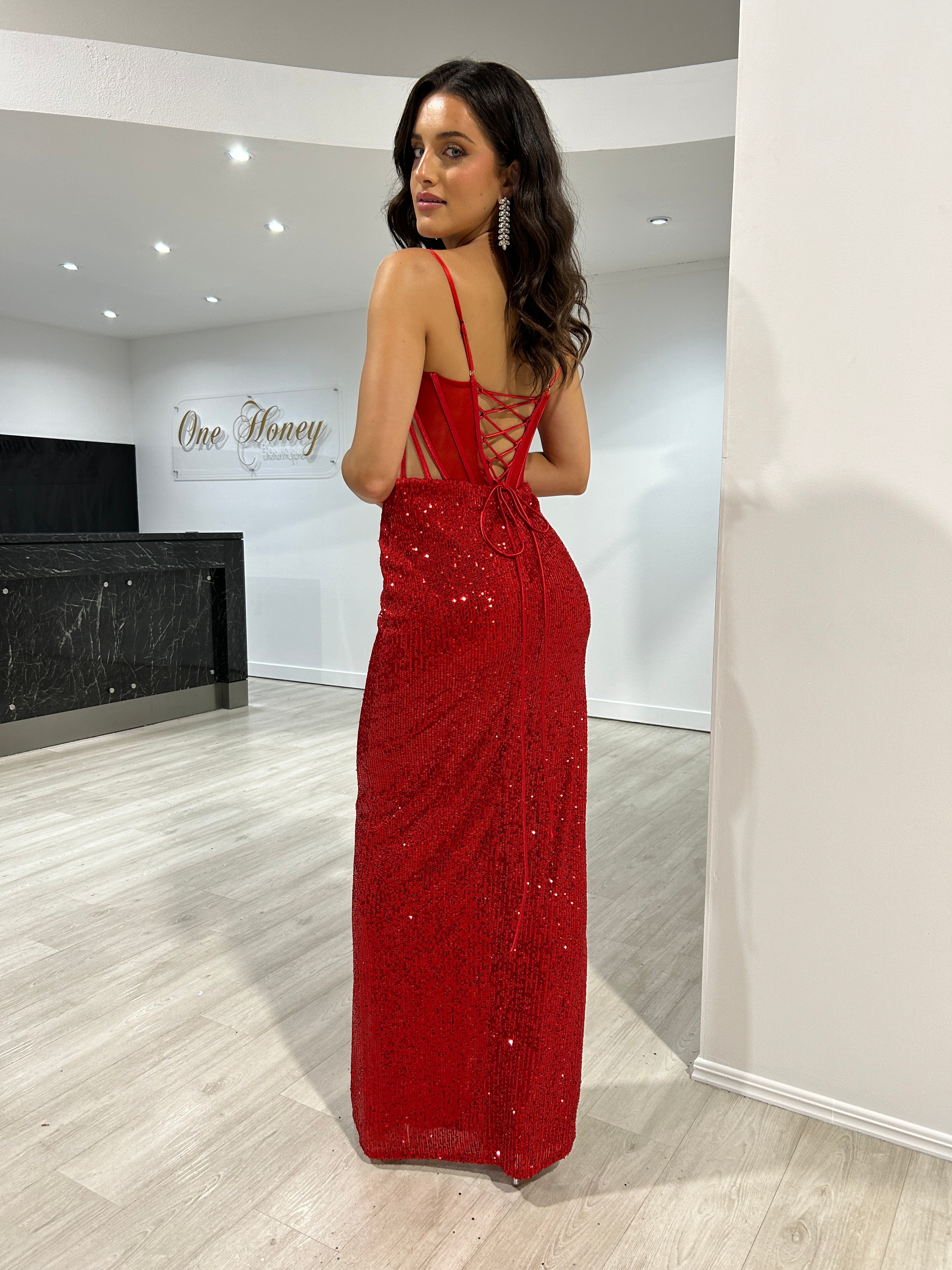 JAX Sequin Corset Bustier Dress with sparkling red sequins and lace-up back, evening gown style. Brisbane to Gold Coast Australia.