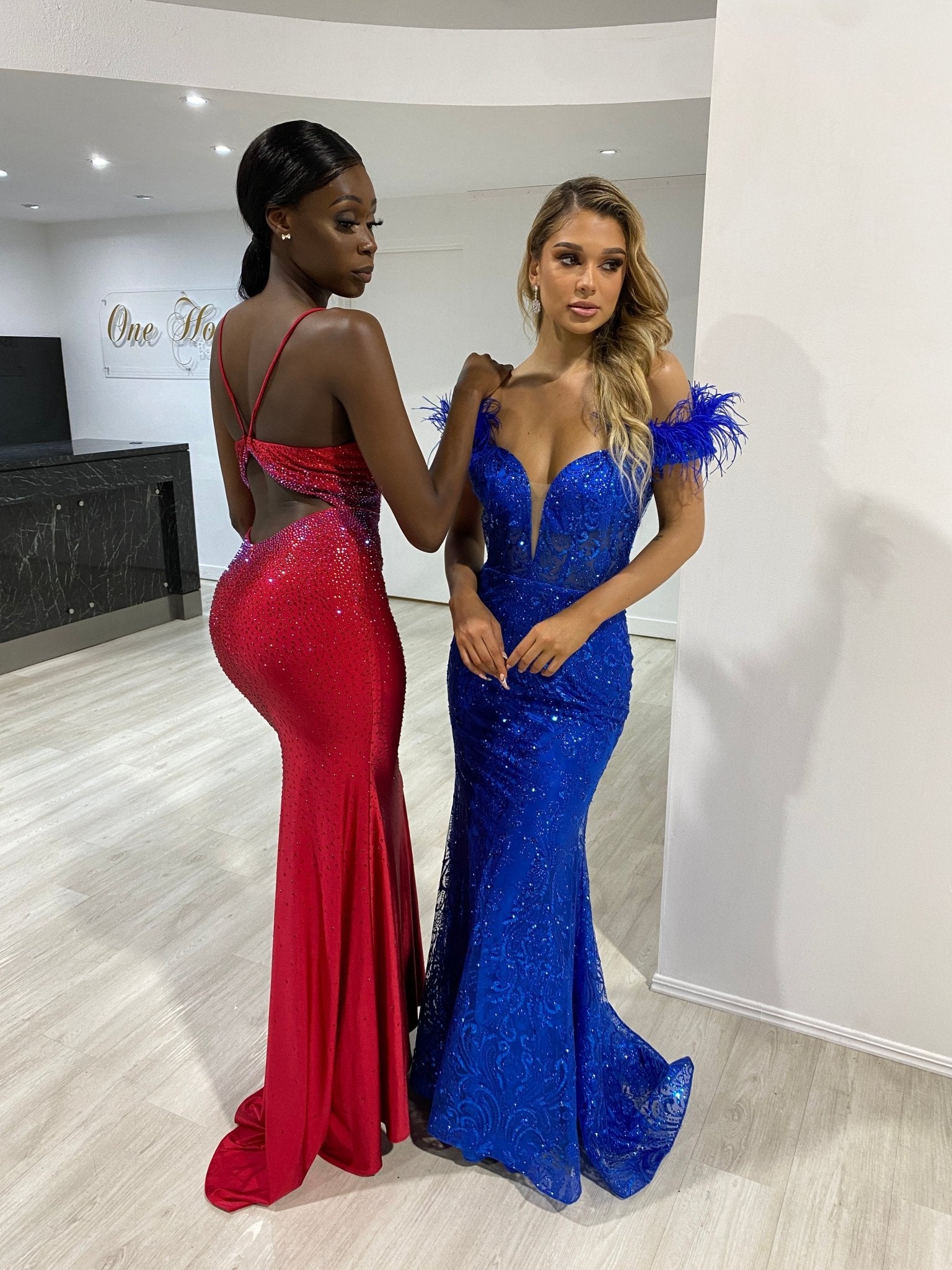 DRAMAH Royal Blue Glitter Sequin Feather Corset Mermaid Formal Gown Dress in Australia | One Honey Boutique