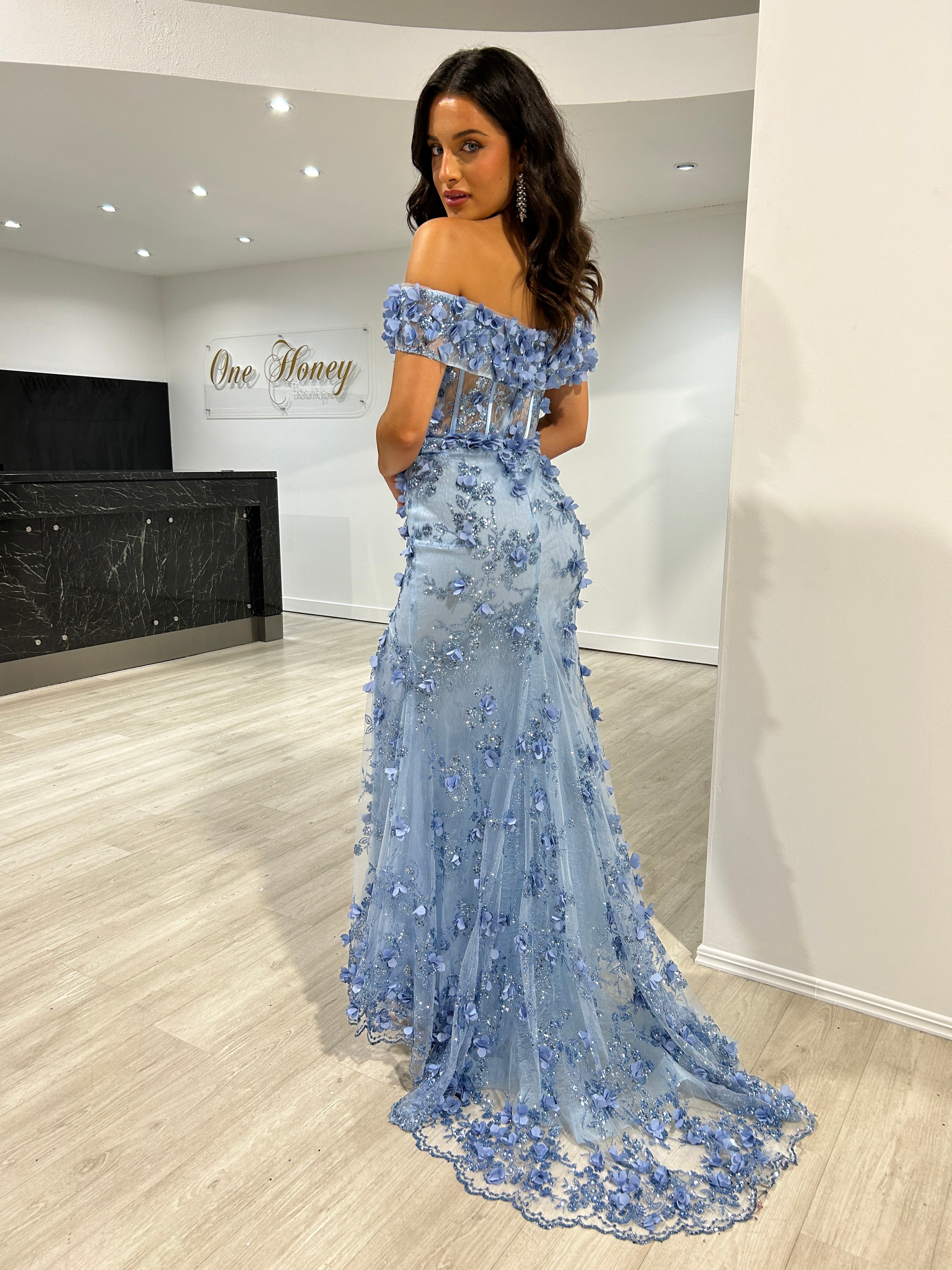 LARRISA Glitter Off the Shoulder Mermaid Dress with 3D floral applique, evening gown, Brisbane to Gold Coast, Australia.
