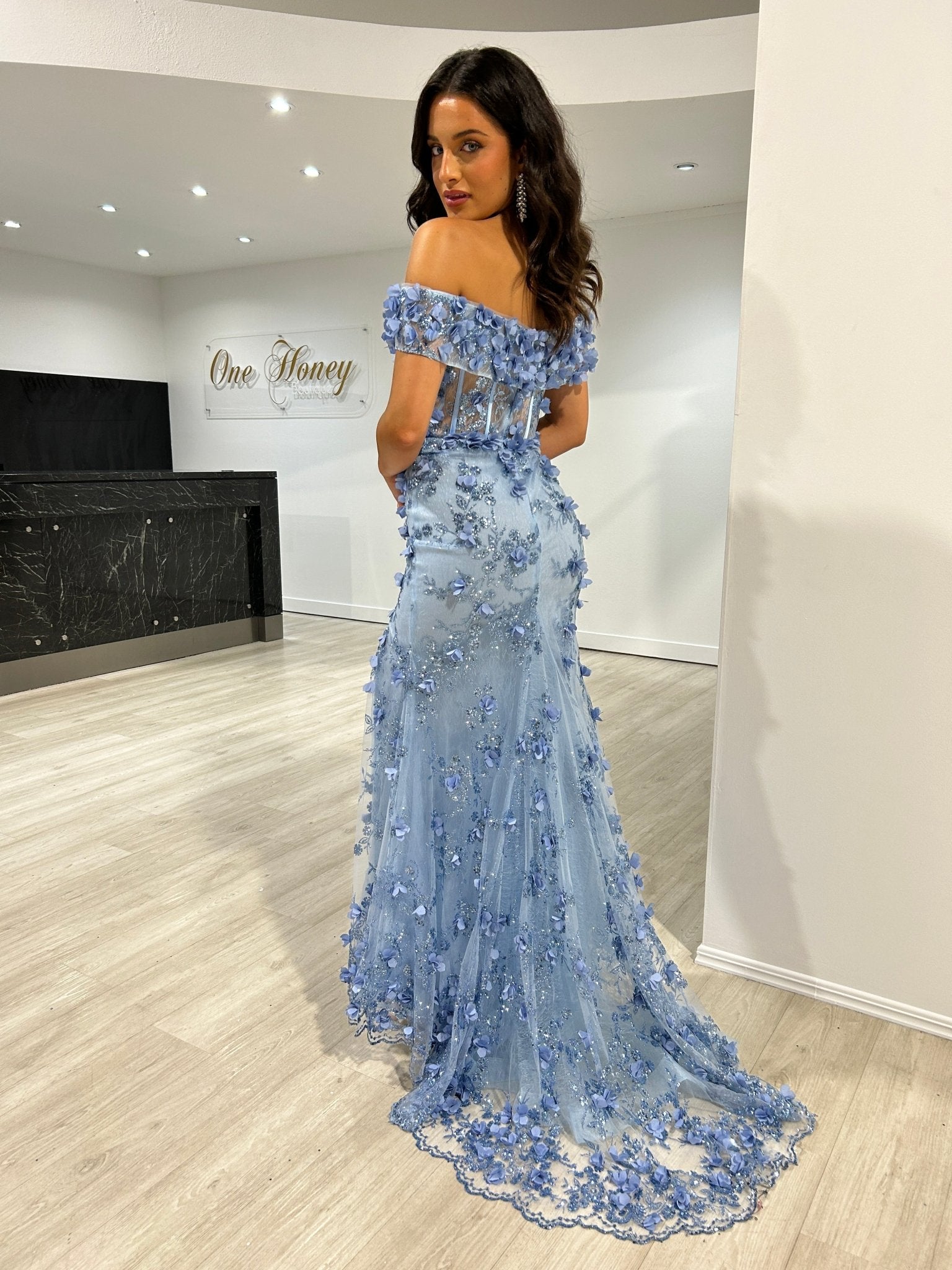 LARRISA Glitter 3D Flower Applique Off the Shoulder Mermaid Formal Dress in Australia | One Honey Boutique