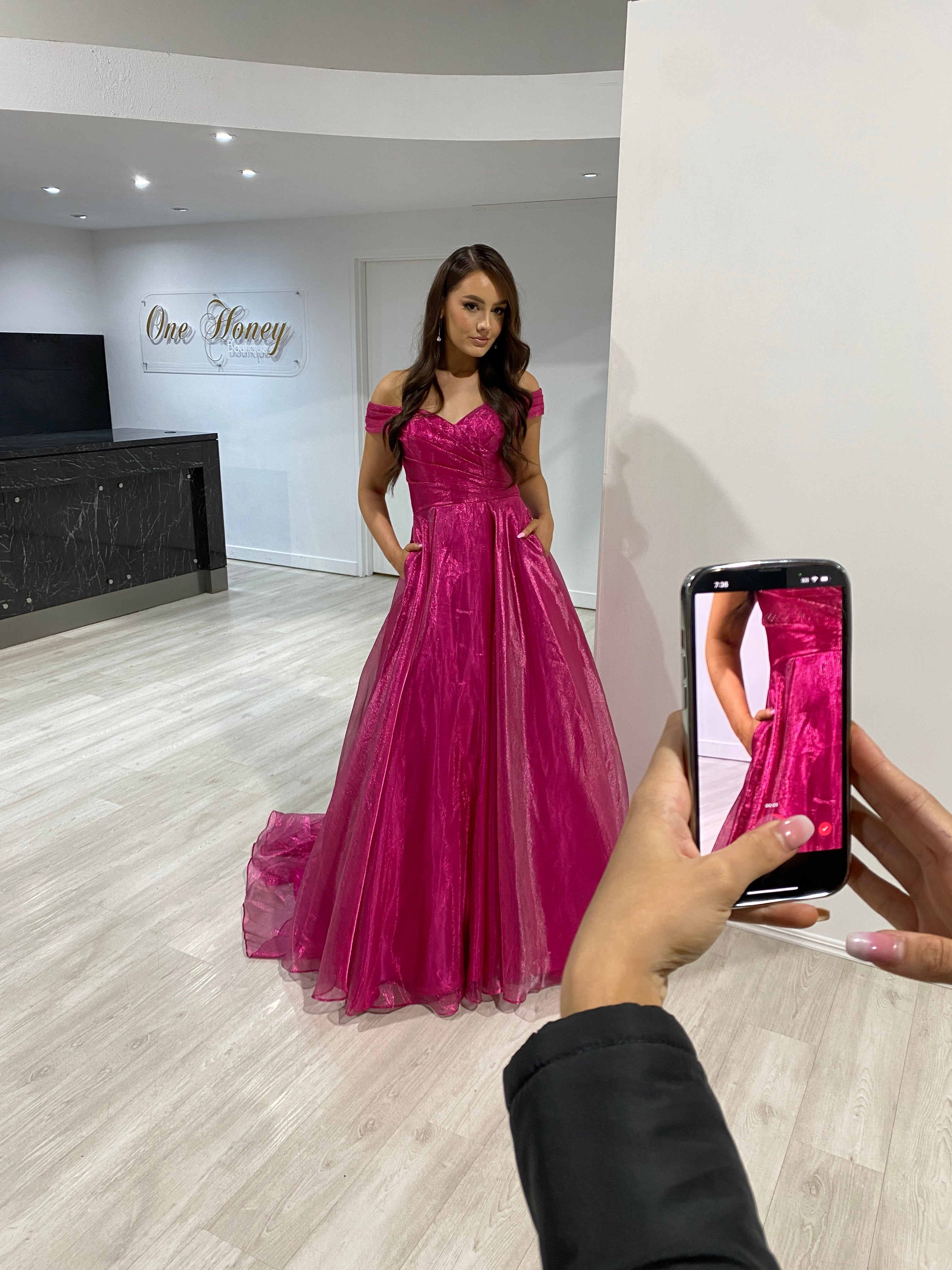 SARIA Off Shoulder Shimmer Ballgown with sweetheart neckline, full layered skirt; perfect prom dress. Brisbane to Gold Coast, Australia.